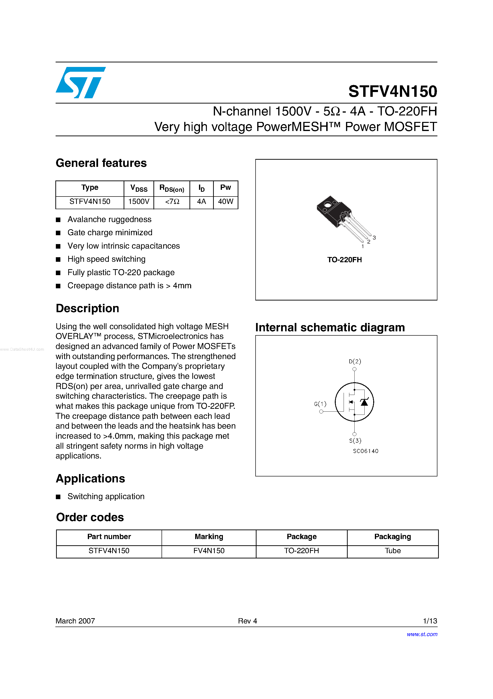Datasheet STFV4N150 page 1 Datasheet STFV4N150 - N-channel Power MOSFET page 1