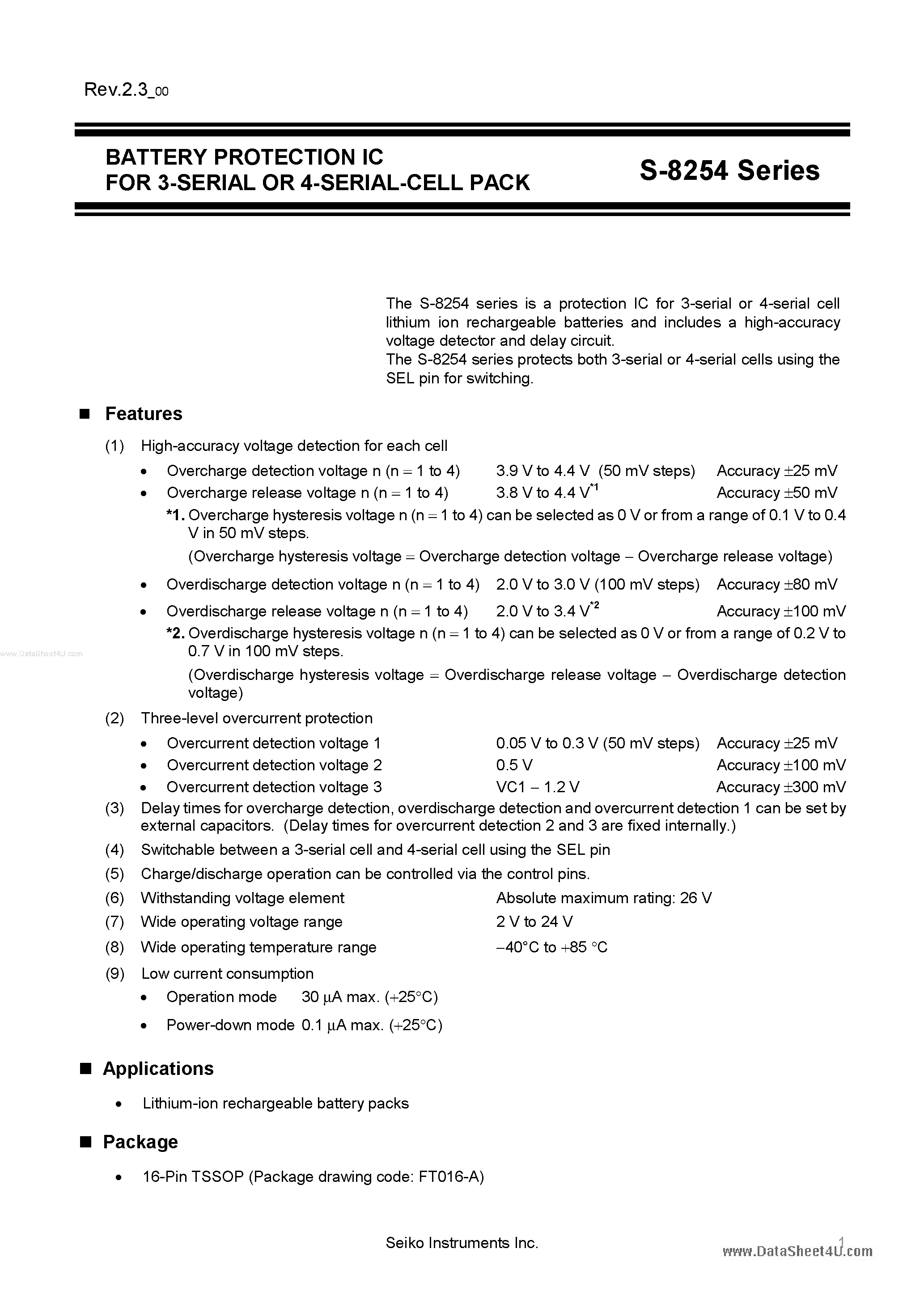 Datasheet S8254 page 1 Datasheet S8254 - BATTERY PROTECTION IC page 1