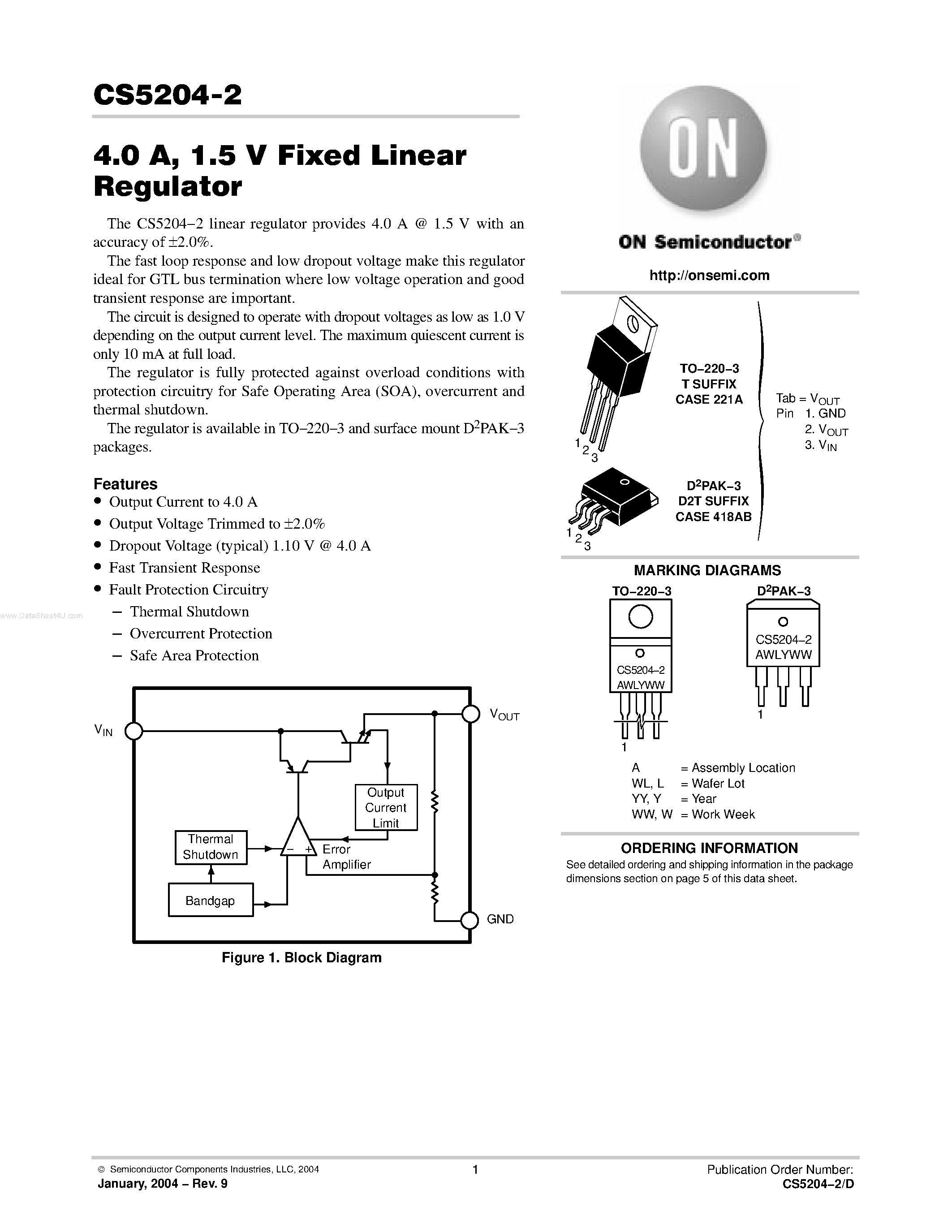 Datasheet CS5204-2 - 1.5 V Fixed Linear Regulator page 1