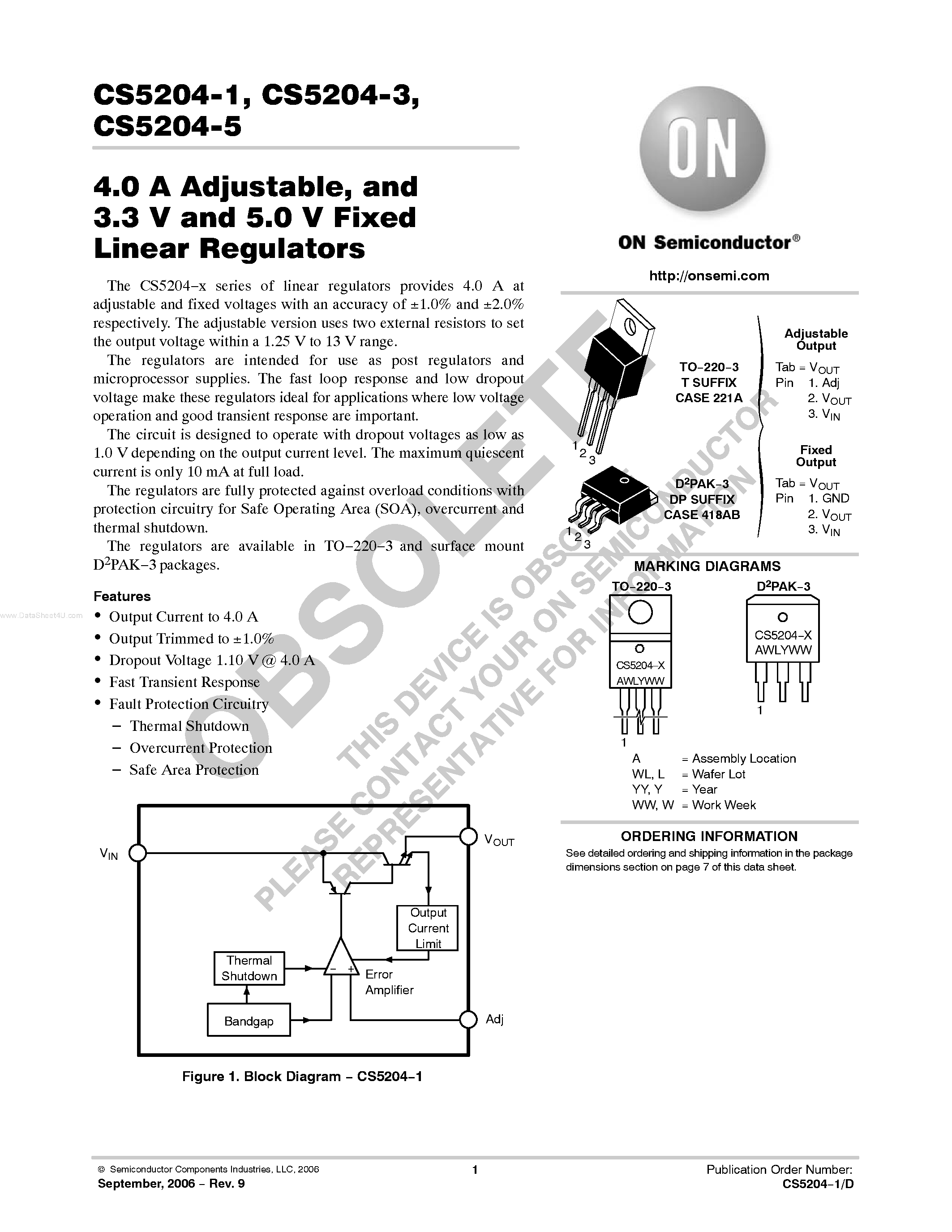 Даташит CS5204-1 - (CS5204-1/-3/-5) Linear Regulators страница 1