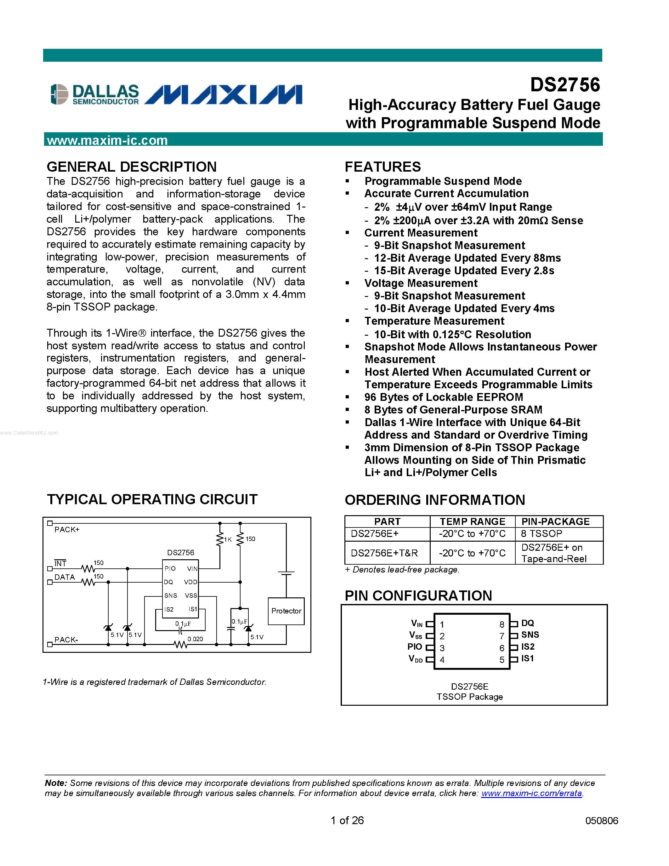 Datasheet DS2756 - High-Accuracy Battery Fuel Gauge page 1