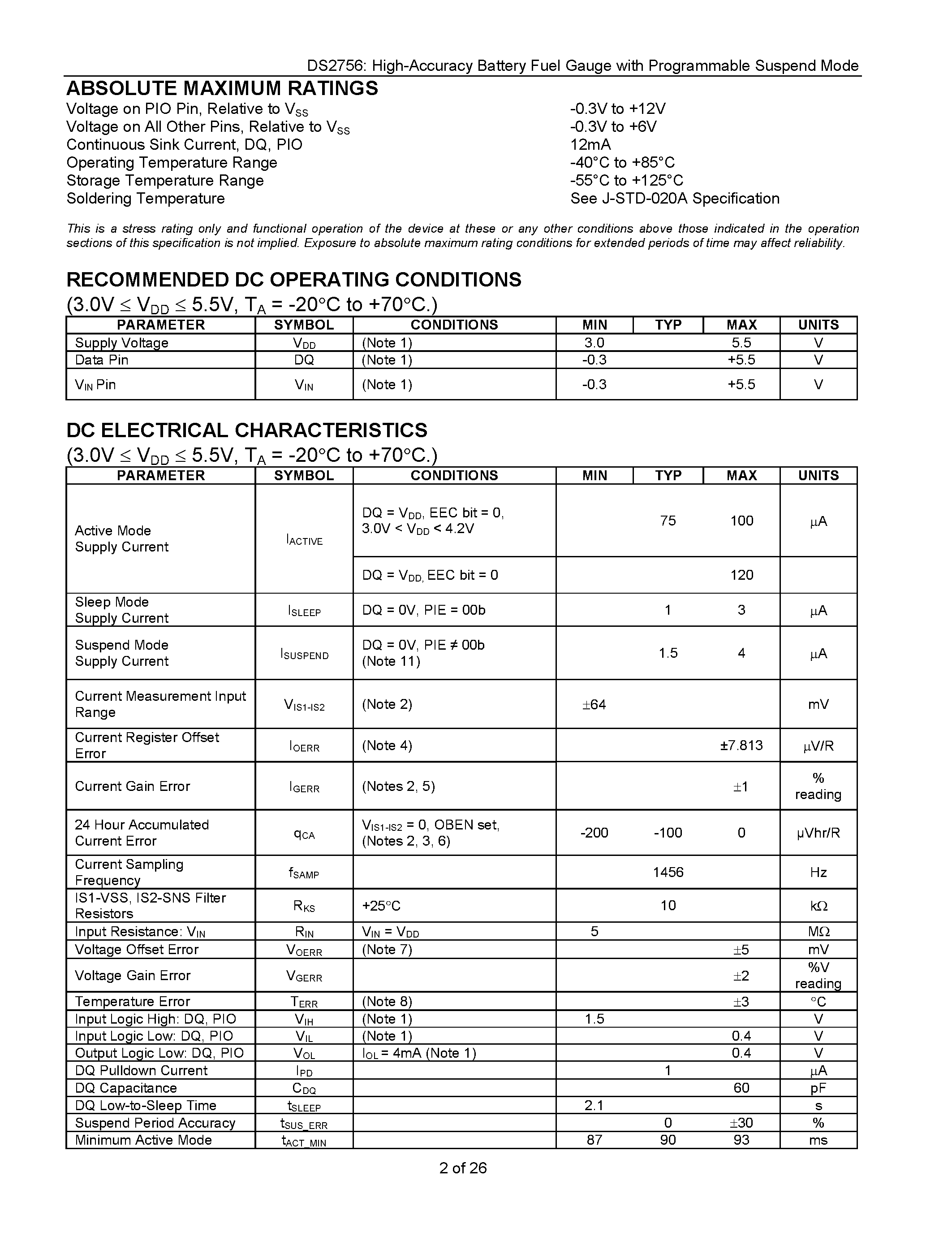 Datasheet DS2756 - High-Accuracy Battery Fuel Gauge page 2