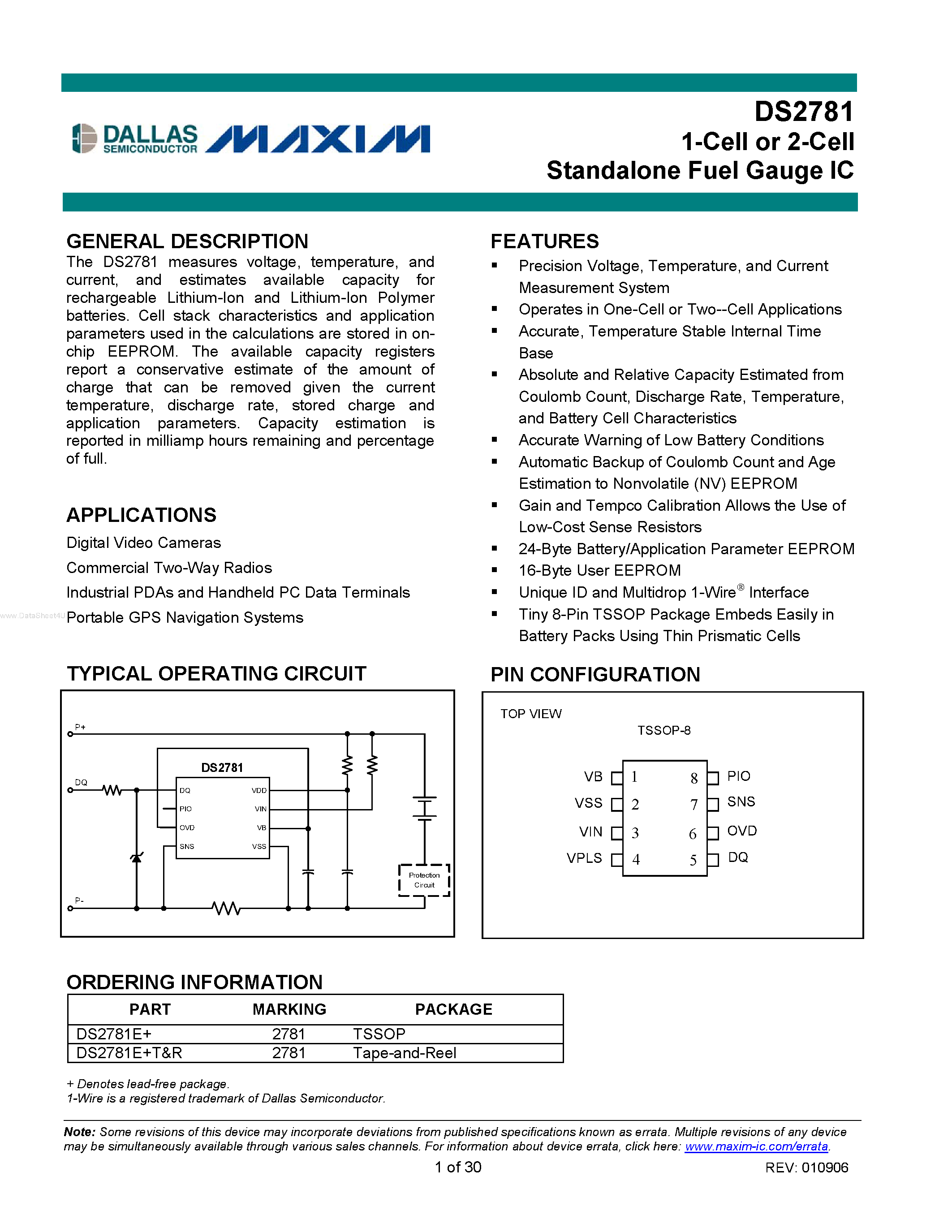 Datasheet DS2781 - 1-Cell or 2-Cell Standalone Fuel Gauge IC page 1