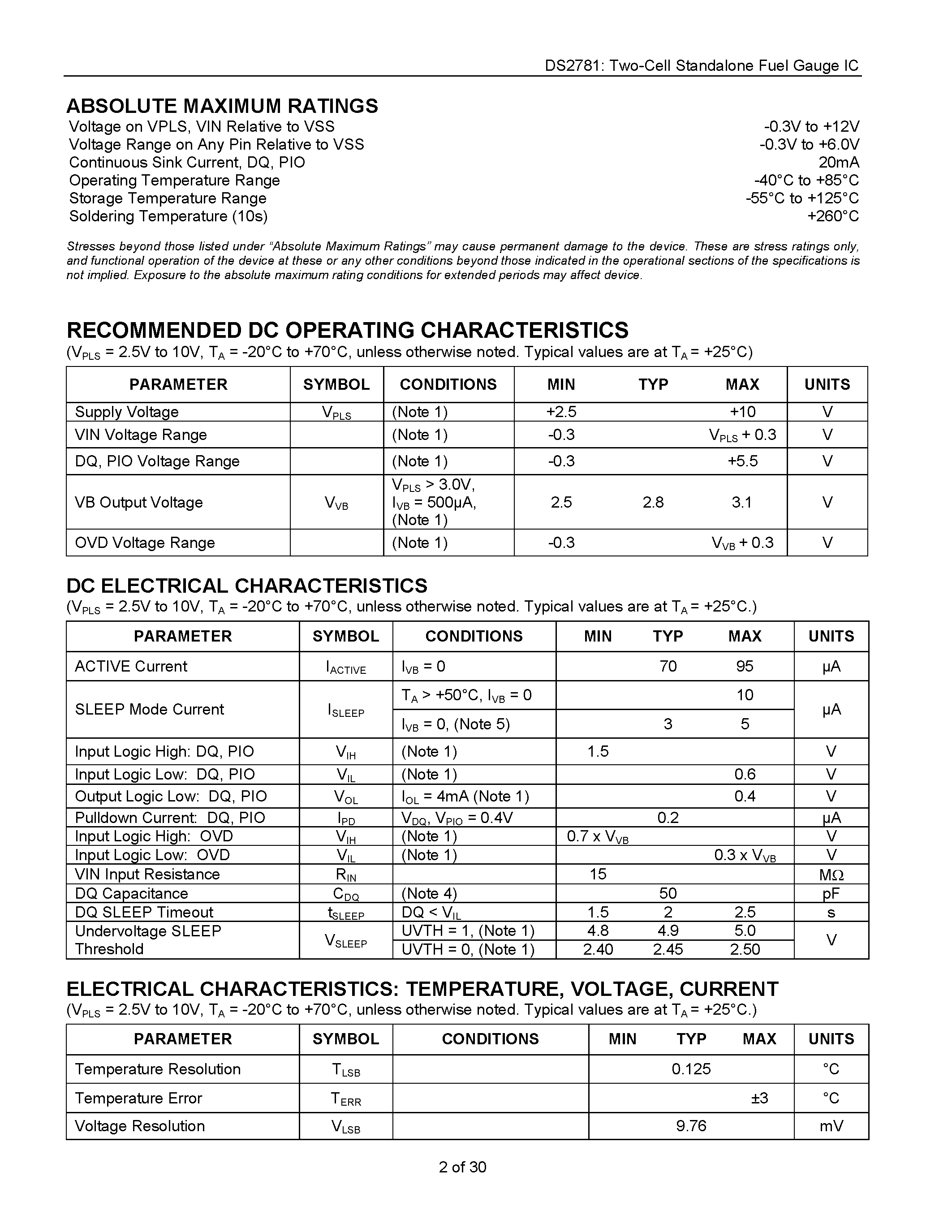 Datasheet DS2781 - 1-Cell or 2-Cell Standalone Fuel Gauge IC page 2