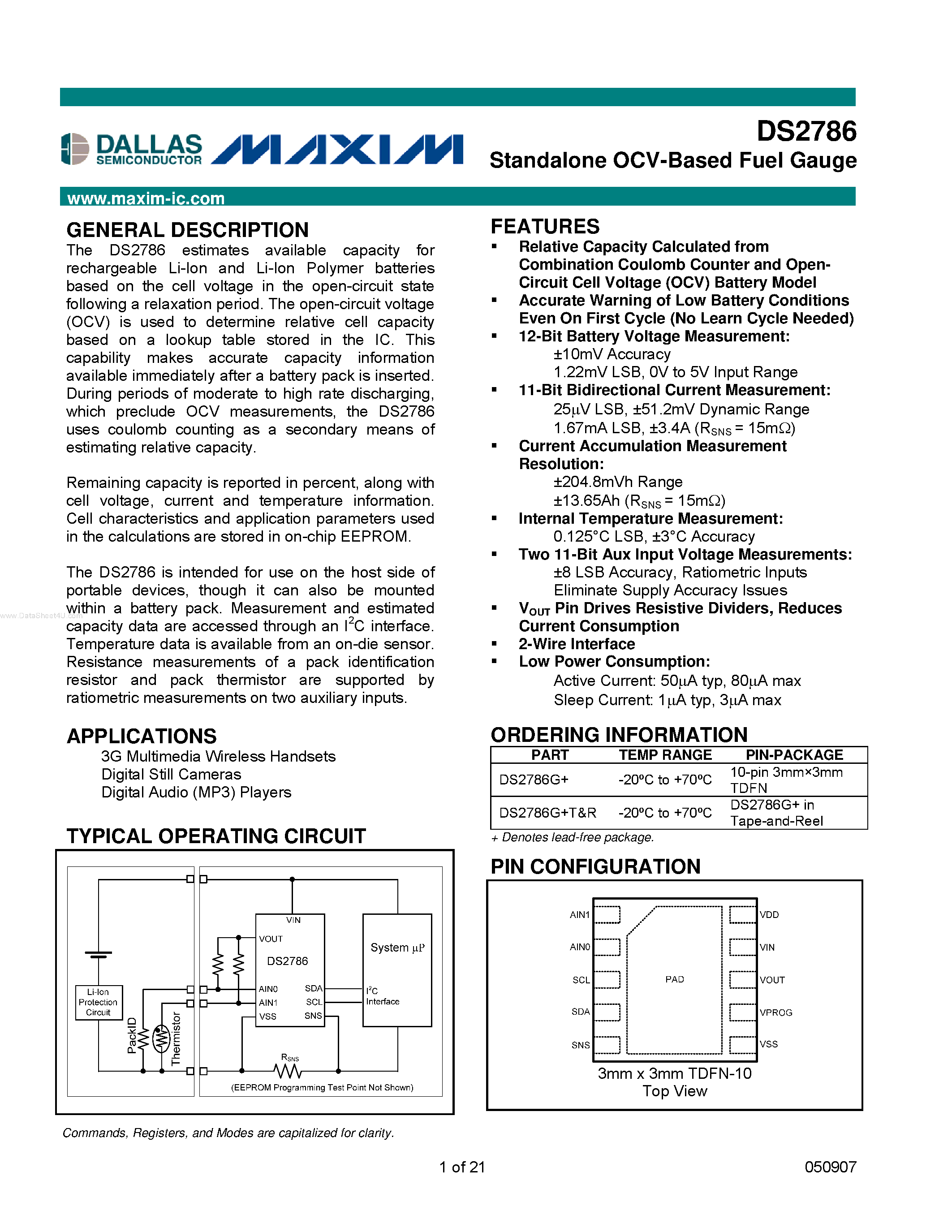 Даташит на микросхему DS2786 страница 1 Даташит DS2786 - Standalone OCV-Based Fuel Gauge страница 1