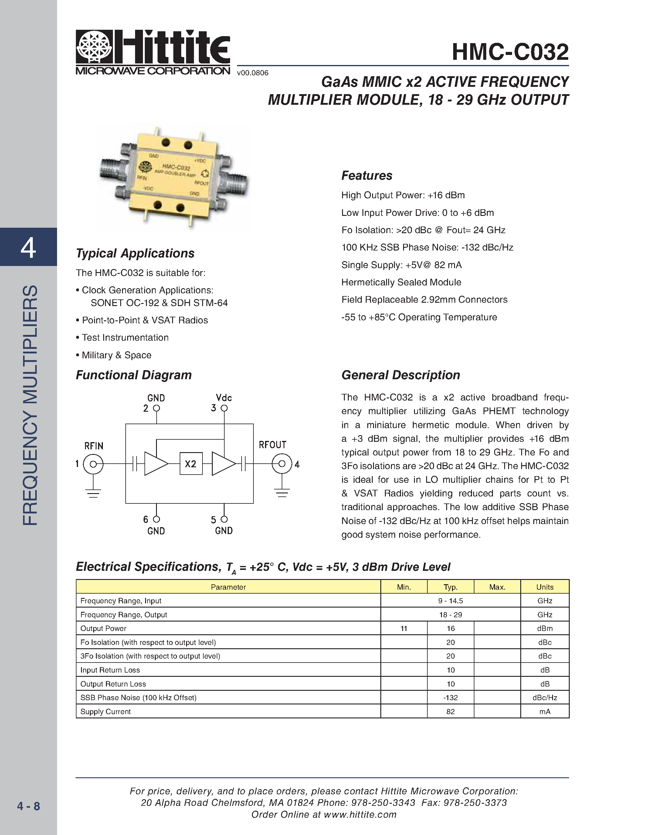 Даташит на микросхему HMC-C032 страница 1 Даташит HMC-C032 - GaAs MMIC x2 ACTIVE FREQUENCY MULTIPLIER MODULE страница 1