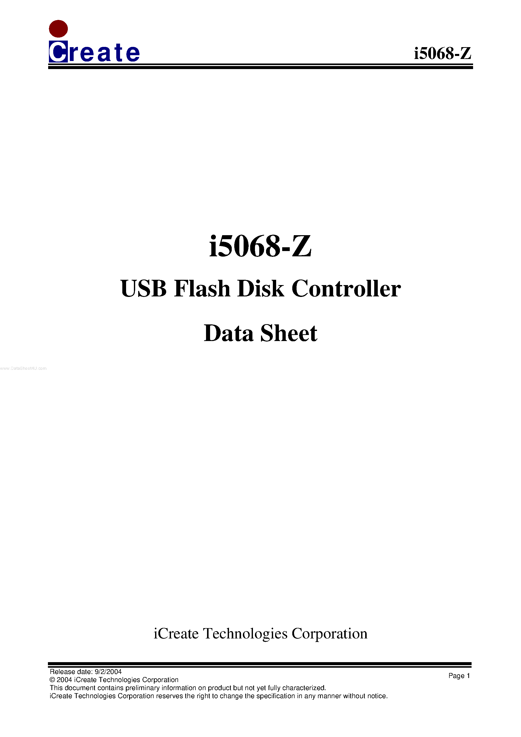 Datasheet I5068-Z page 1 Datasheet I5068-Z - USB Flash Disk Controller page 1