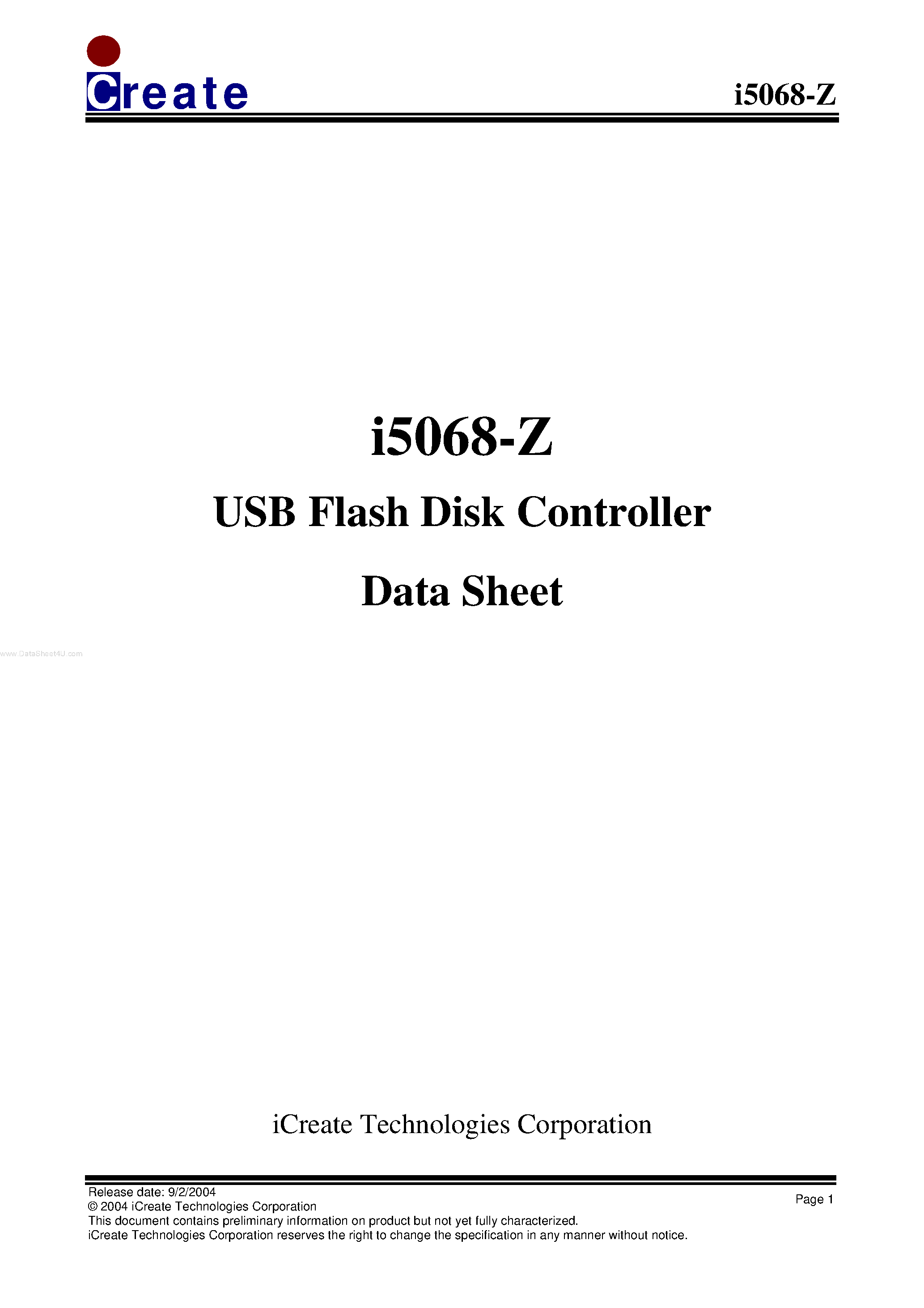 Datasheet I5068-Z - USB Flash Disk Controller page 1