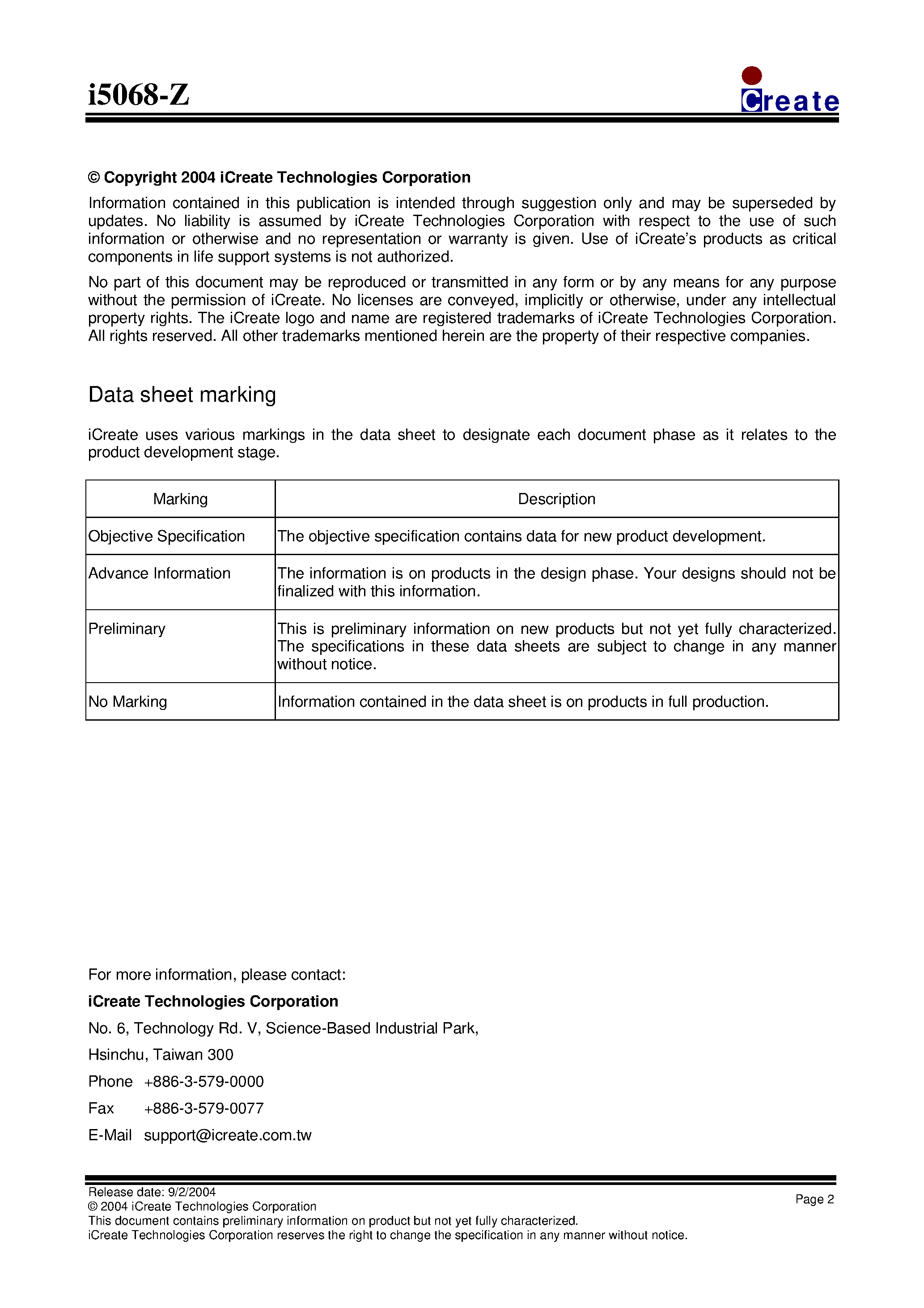 Datasheet I5068-Z page 2 Datasheet I5068-Z - USB Flash Disk Controller page 2