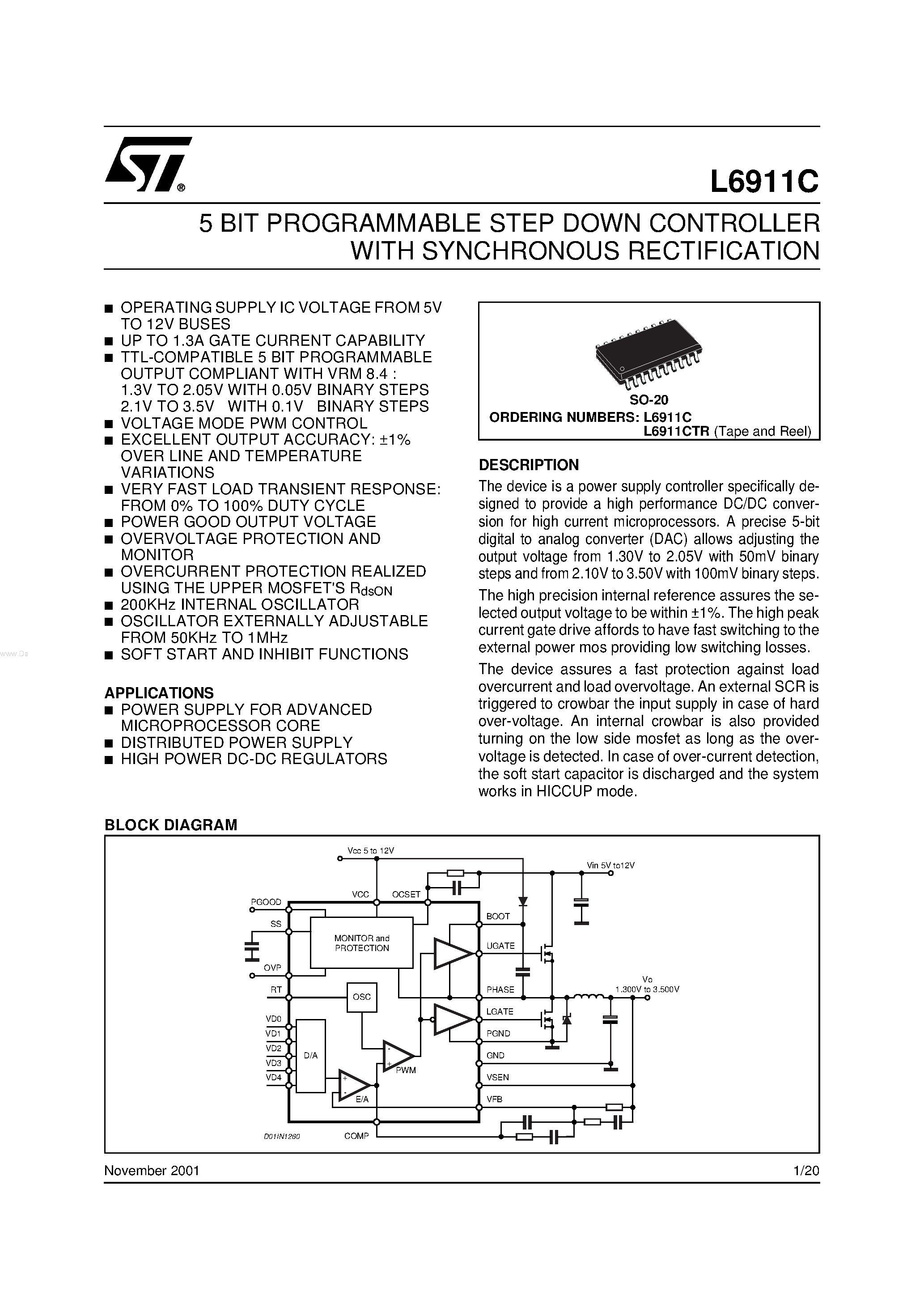 Datasheet L6911C page 1 Datasheet L6911C - 5 BIT PROGRAMMABLE STEP DOWN CONTROLLER page 1