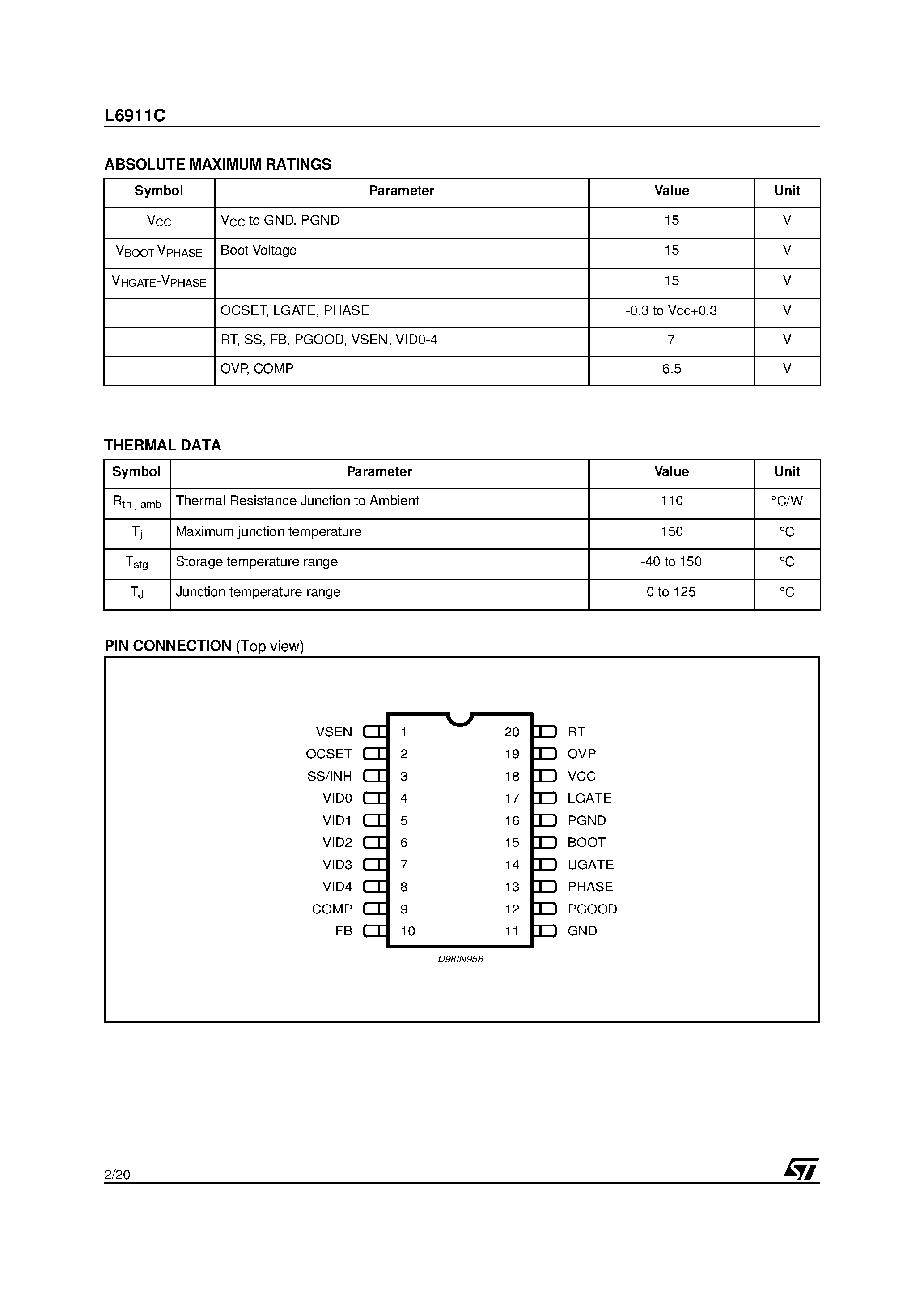 Datasheet L6911C page 2 Datasheet L6911C - 5 BIT PROGRAMMABLE STEP DOWN CONTROLLER page 2