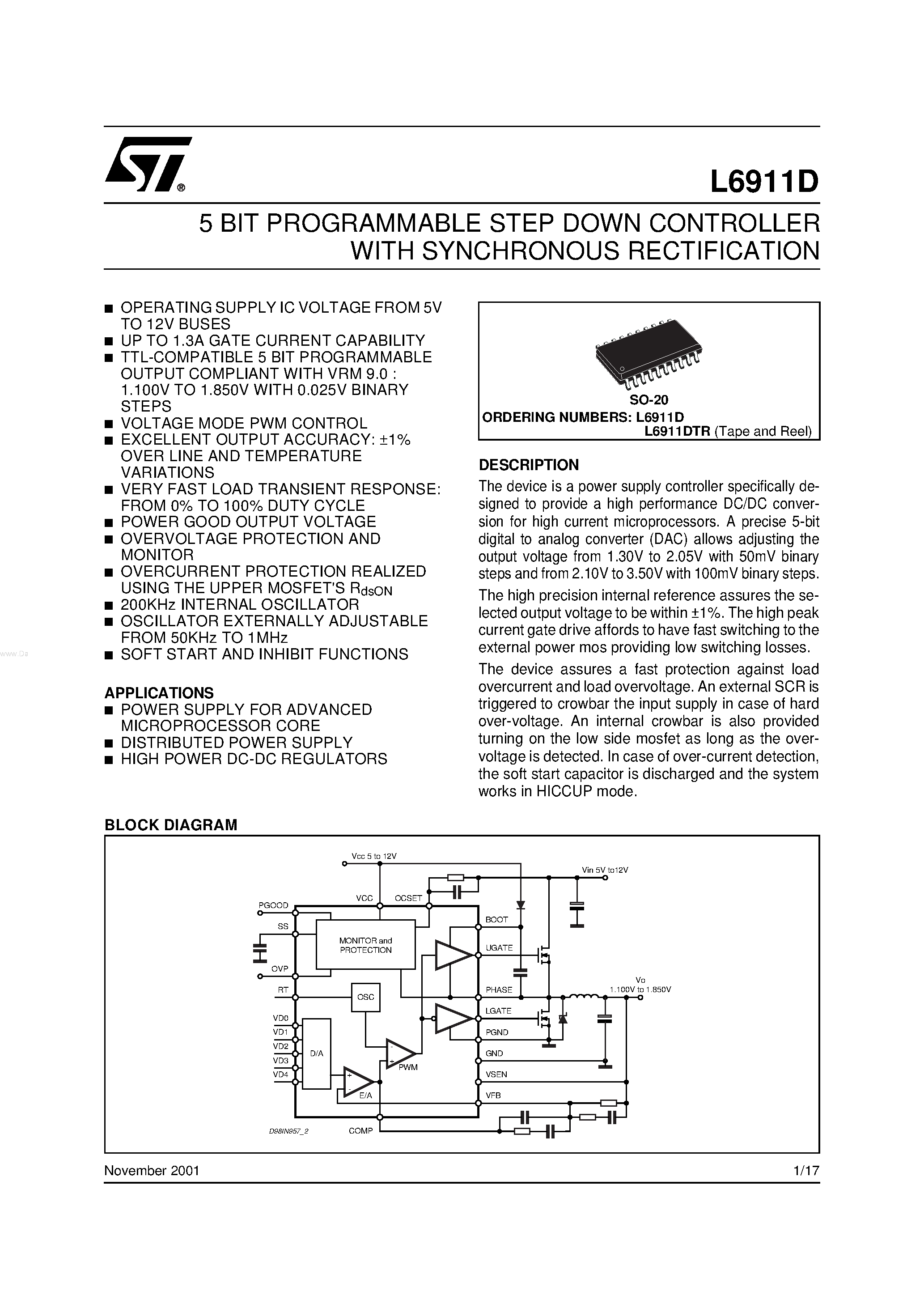 Datasheet L6911D - 5 BIT PROGRAMMABLE STEP DOWN CONTROLLER page 1