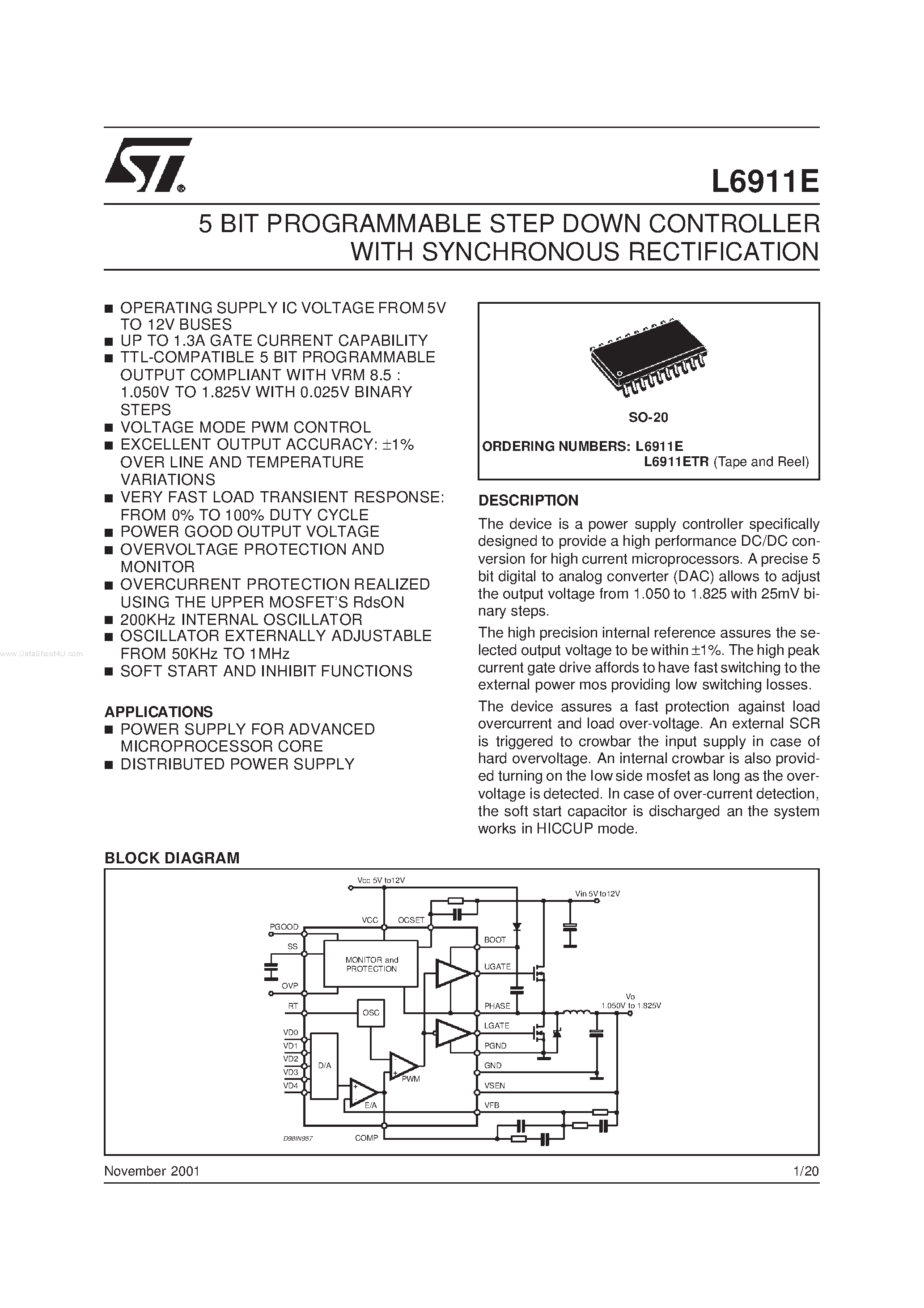 Datasheet L6911E - 5 BIT PROGRAMMABLE STEP DOWN CONTROLLER page 1