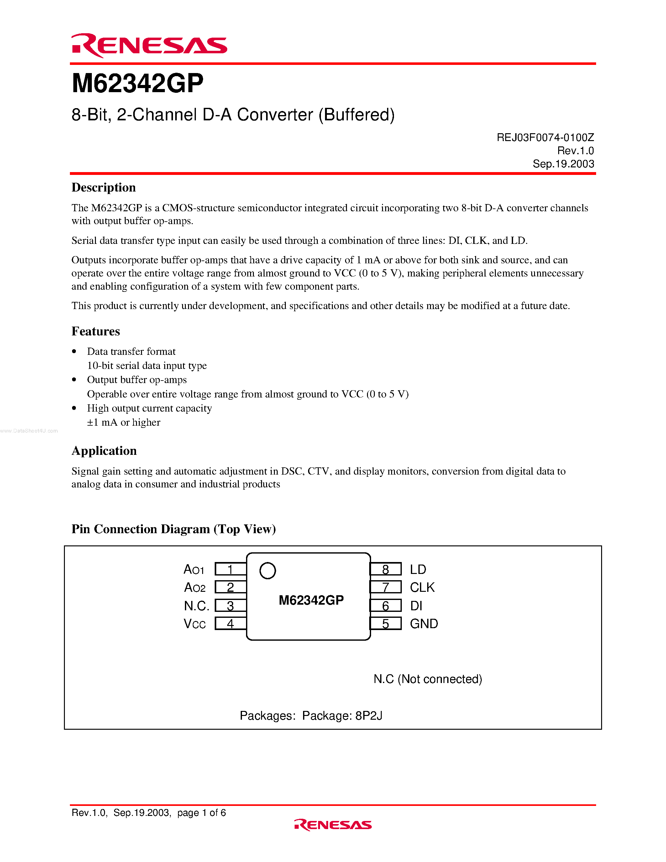 Даташит на микросхему M62342GP страница 1 Даташит M62342GP - 2-Channel D-A Converter страница 1