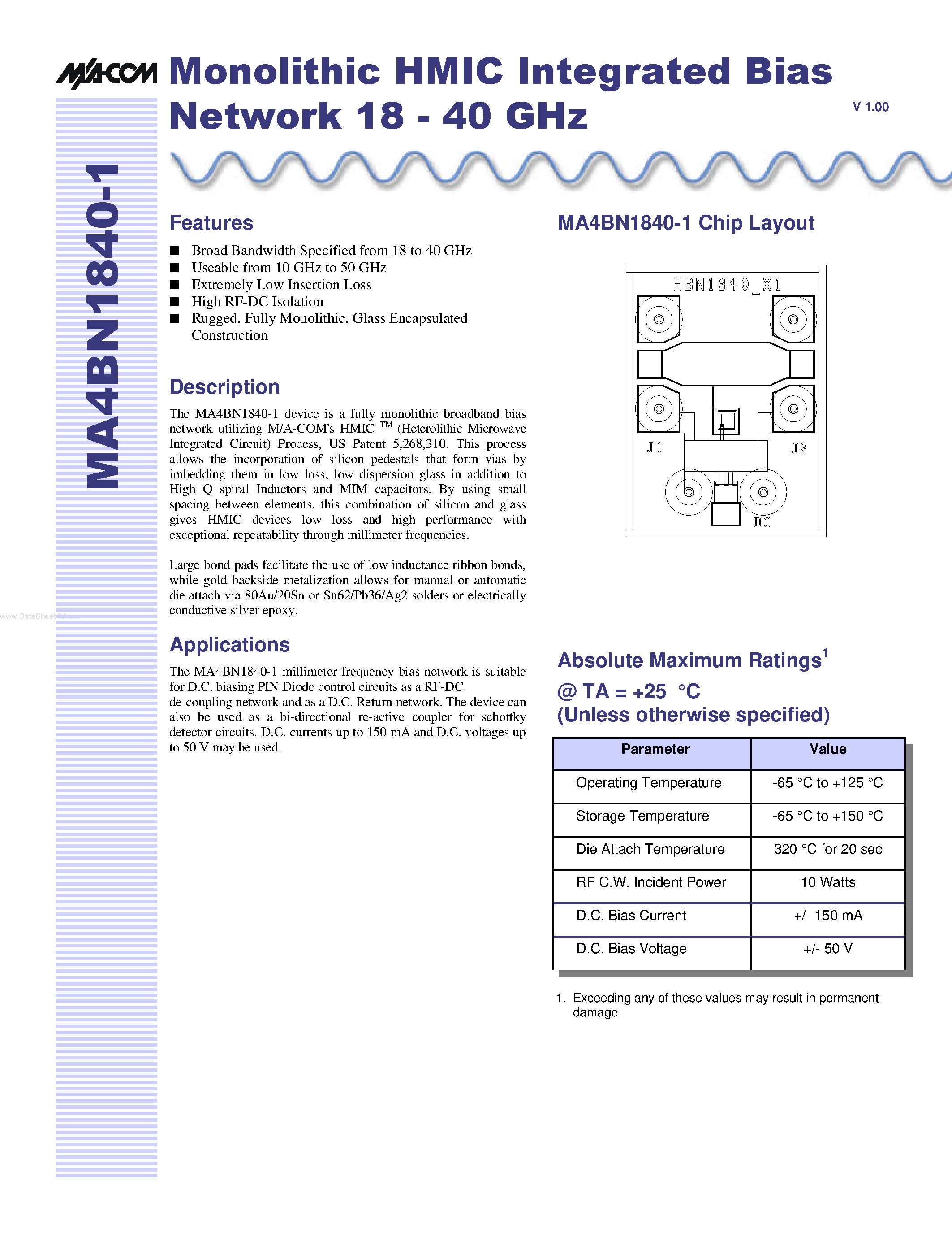 Datasheet MA4BN1840-1 - Monolithic HMIC Integrated Network page 1