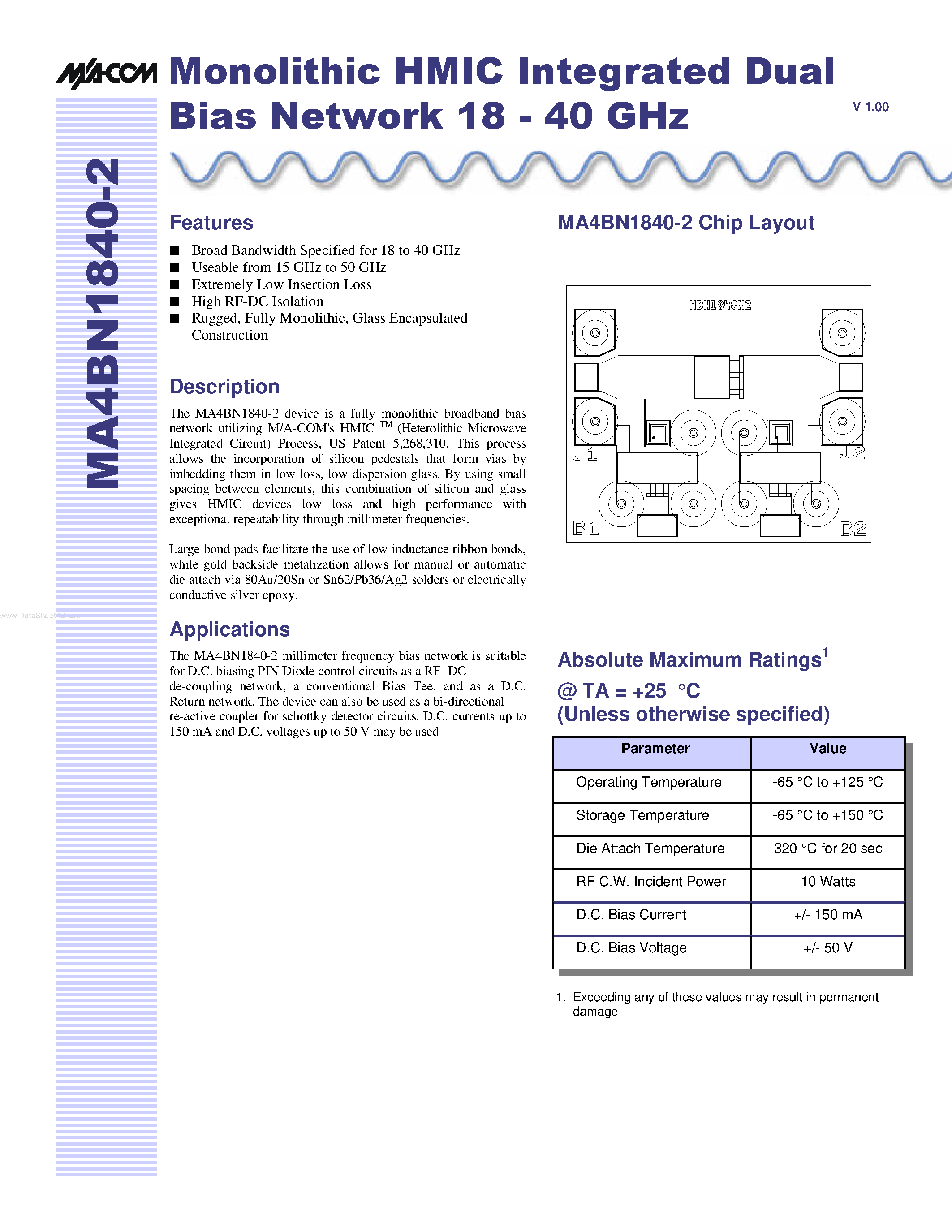 Datasheet MA4BN1840-2 - Monolithic HMIC Integrated Dual Bias Network page 1