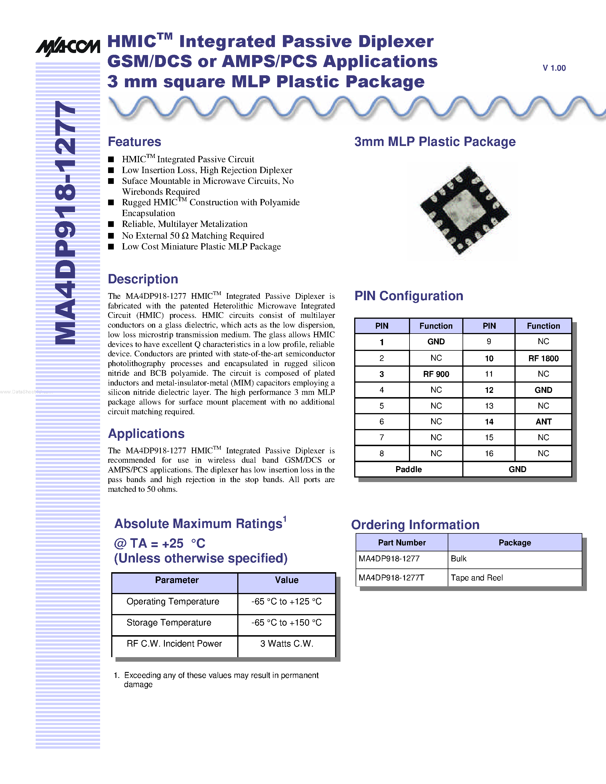 Datasheet MA4DP918-1277 - HMICTM Integrated Passive Diplexer GSM/DCS or AMPS/PCS Applications 3 mm square MLP Plastic Package page 1