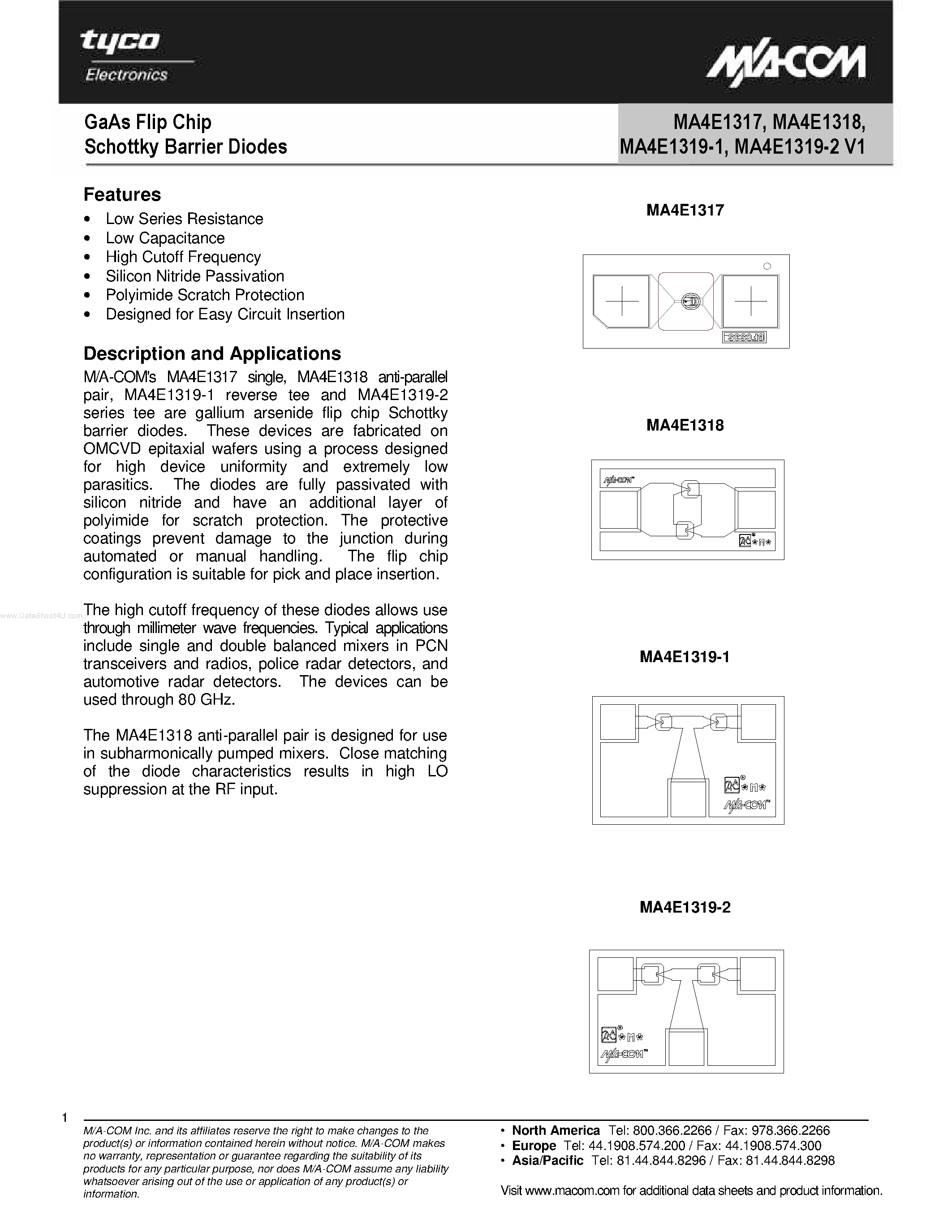 Datasheet MA4E1317 - (MA4E1317 - MA4E1319) GaAs Flip Chip Schottky Barrier Diodes page 1