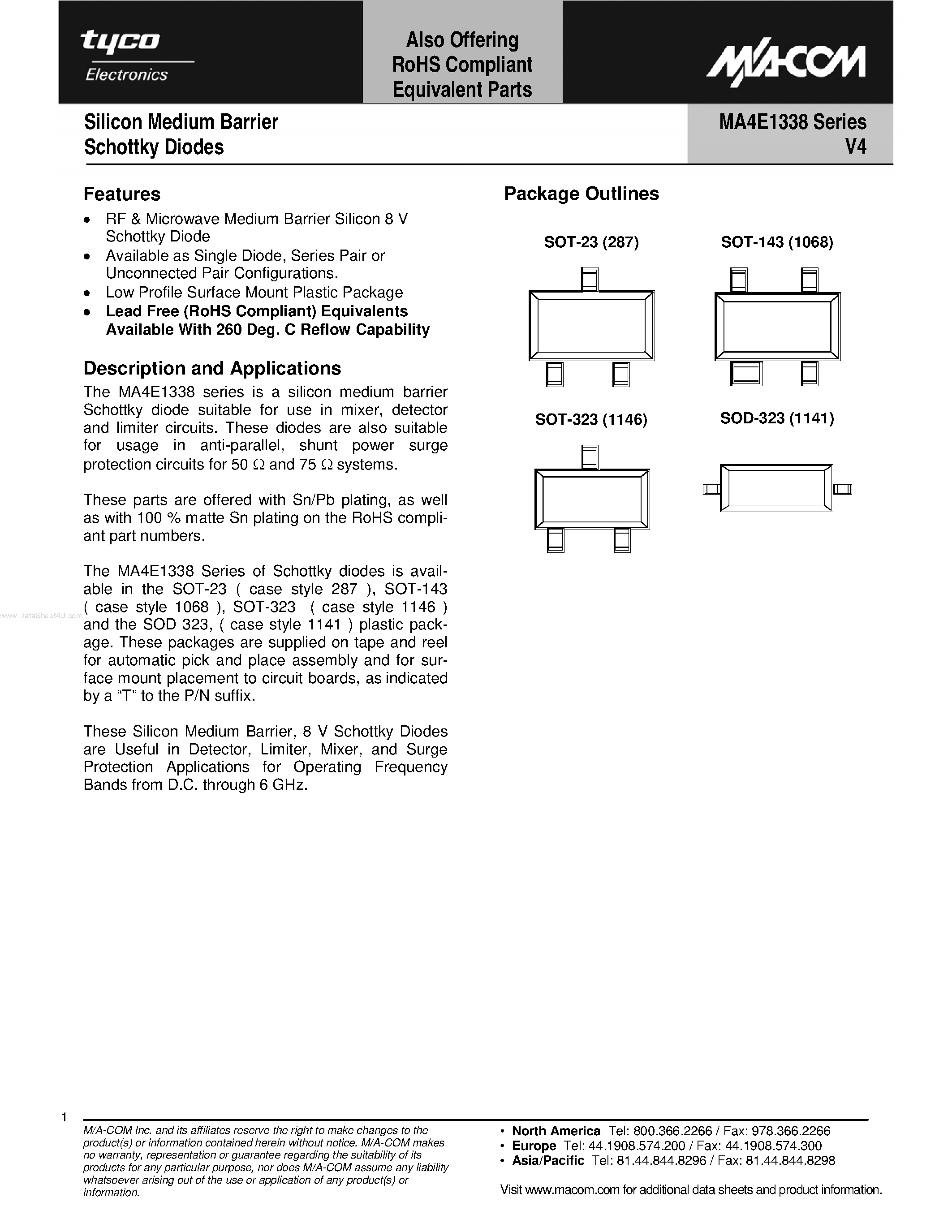 Даташит на микросхему MA4E1338 страница 1 Даташит MA4E1338 - Silicon Medium Barrier Schottky Diodes страница 1
