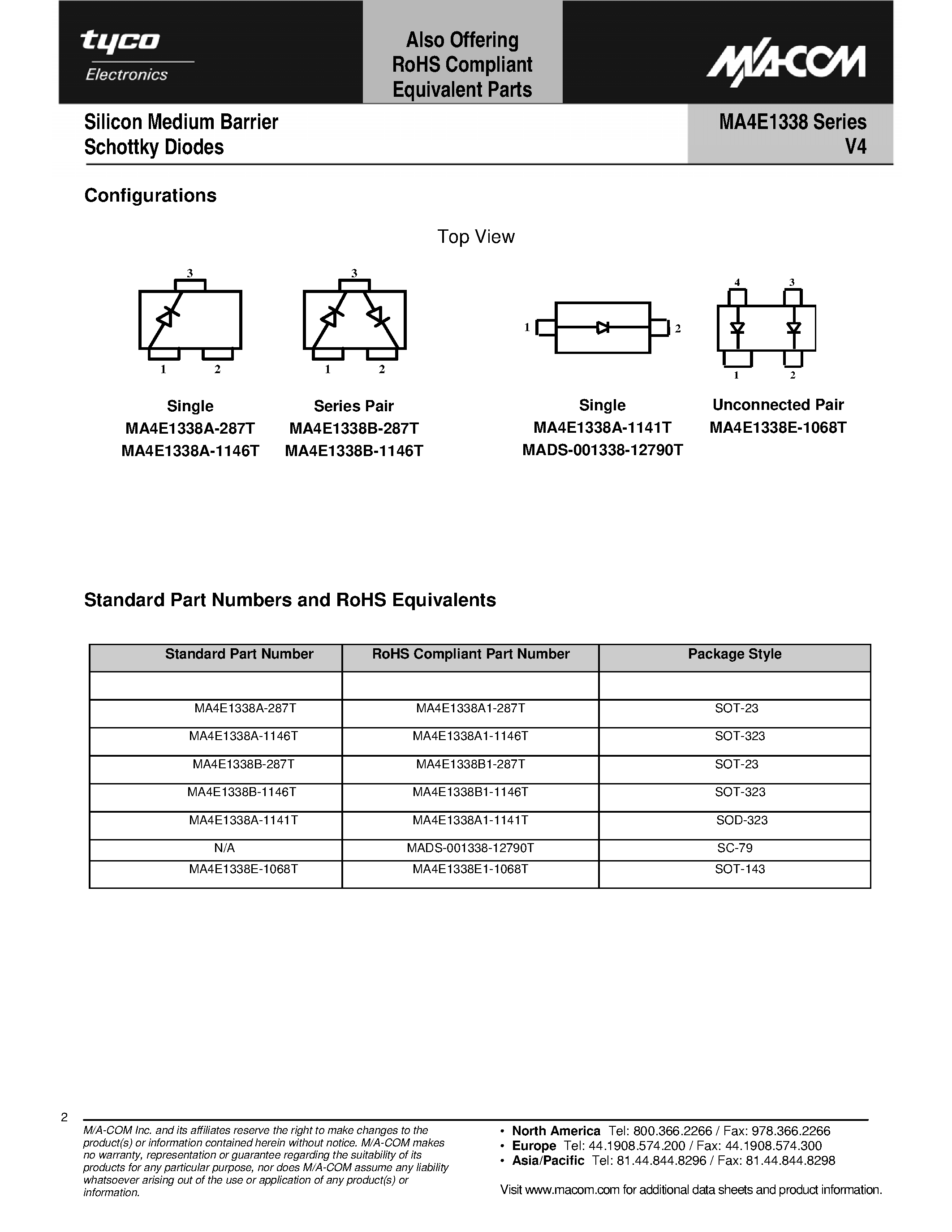 Даташит на микросхему MA4E1338 страница 2 Даташит MA4E1338 - Silicon Medium Barrier Schottky Diodes страница 2