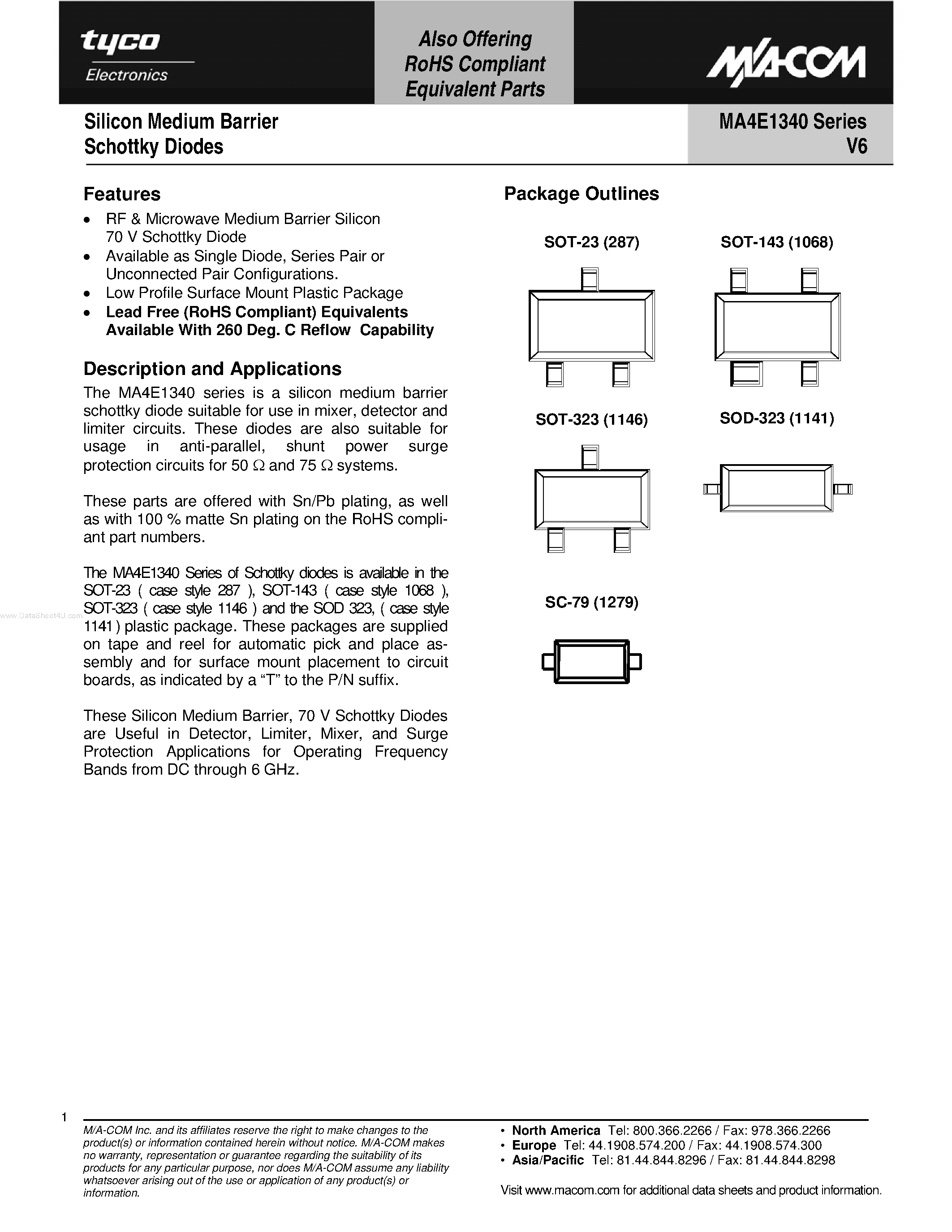 Даташит на микросхему MA4E1340 страница 1 Даташит MA4E1340 - Silicon Medium Barrier Schottky Diodes страница 1