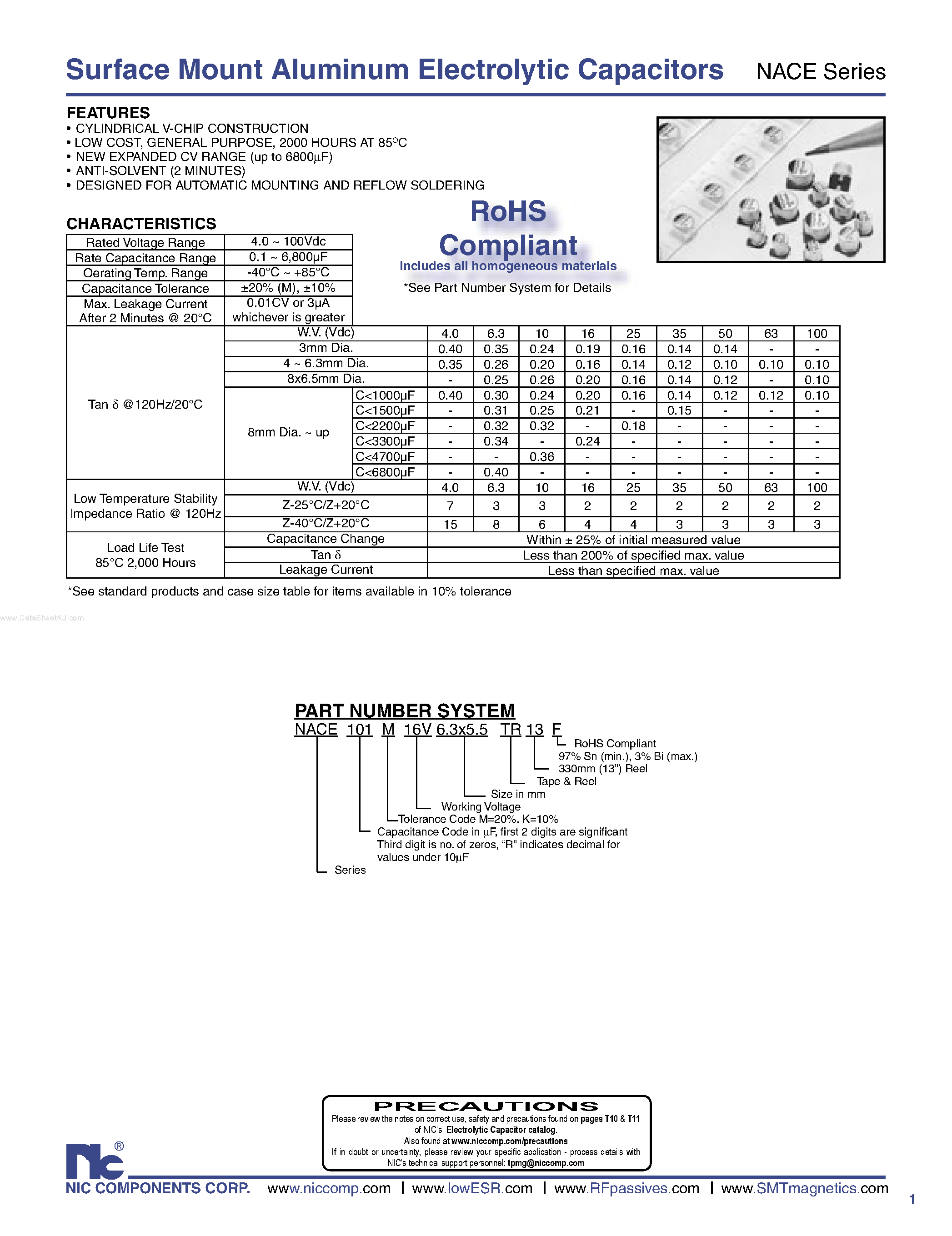 Datasheet NACE - Surface Mount Aluminum Electrolytic Capacitors page 1