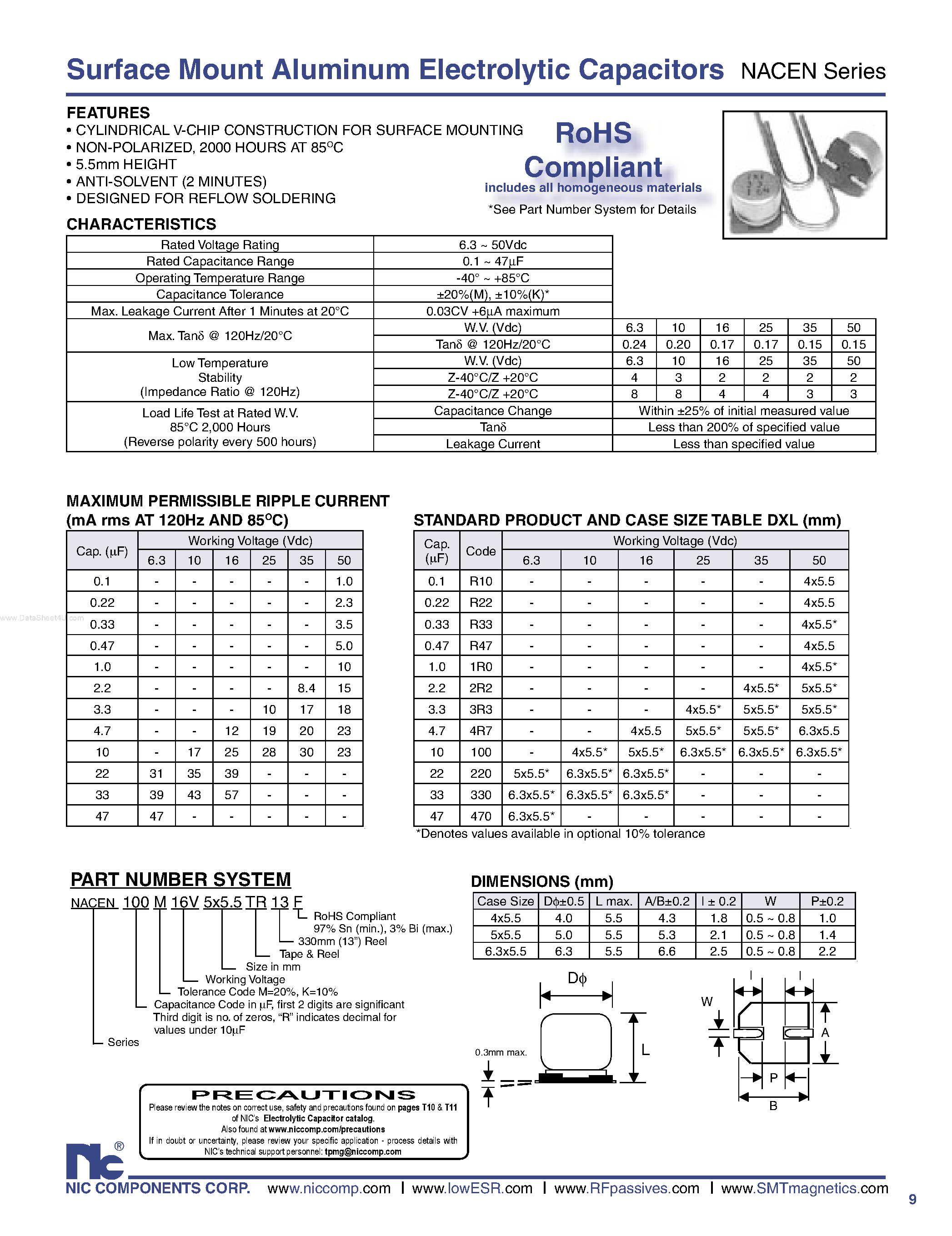 Datasheet NACEN - Surface Mount Aluminum Electrolytic Capacitors page 1