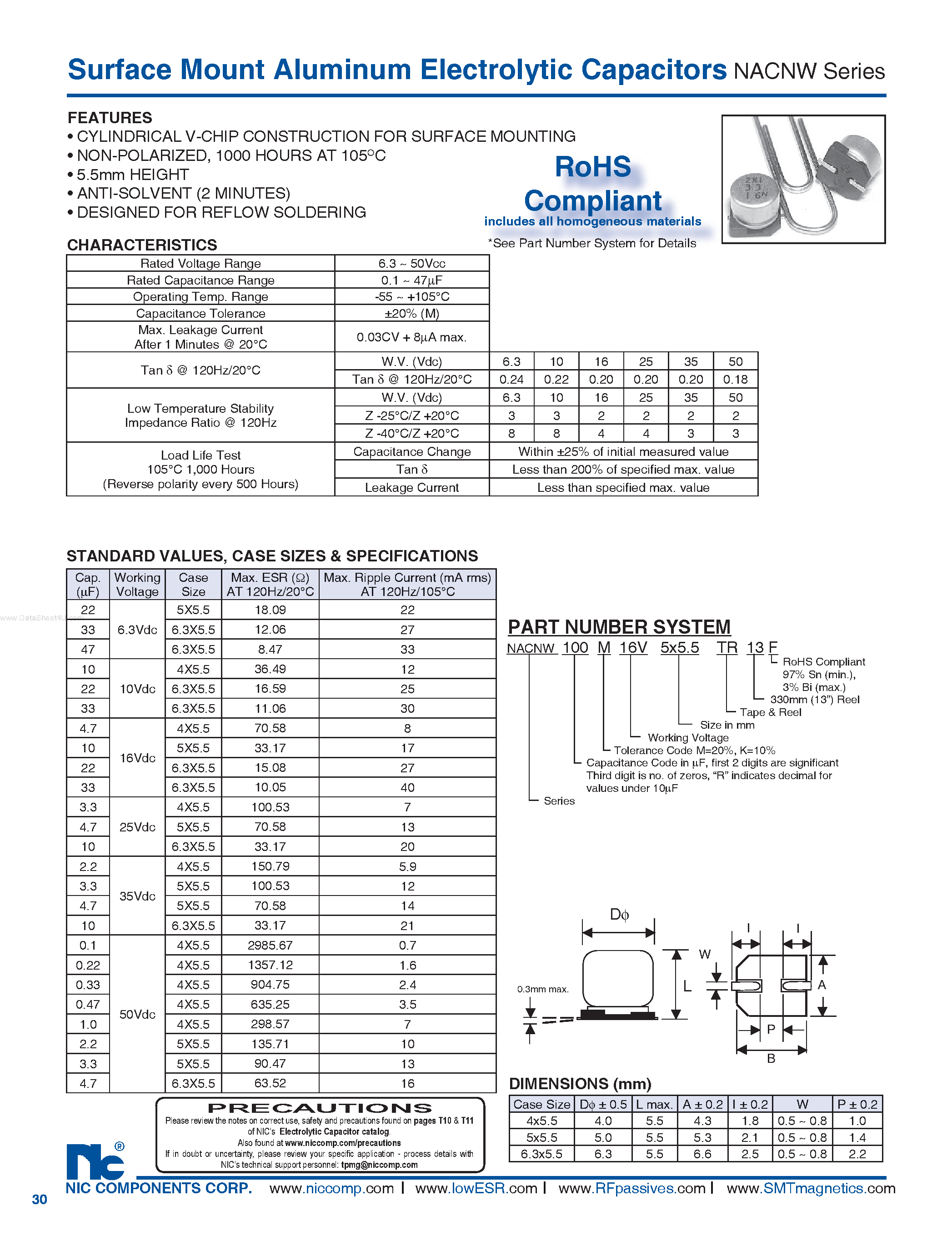 Datasheet NACNW - Surface Mount Aluminum Electrolytic Capacitors page 1