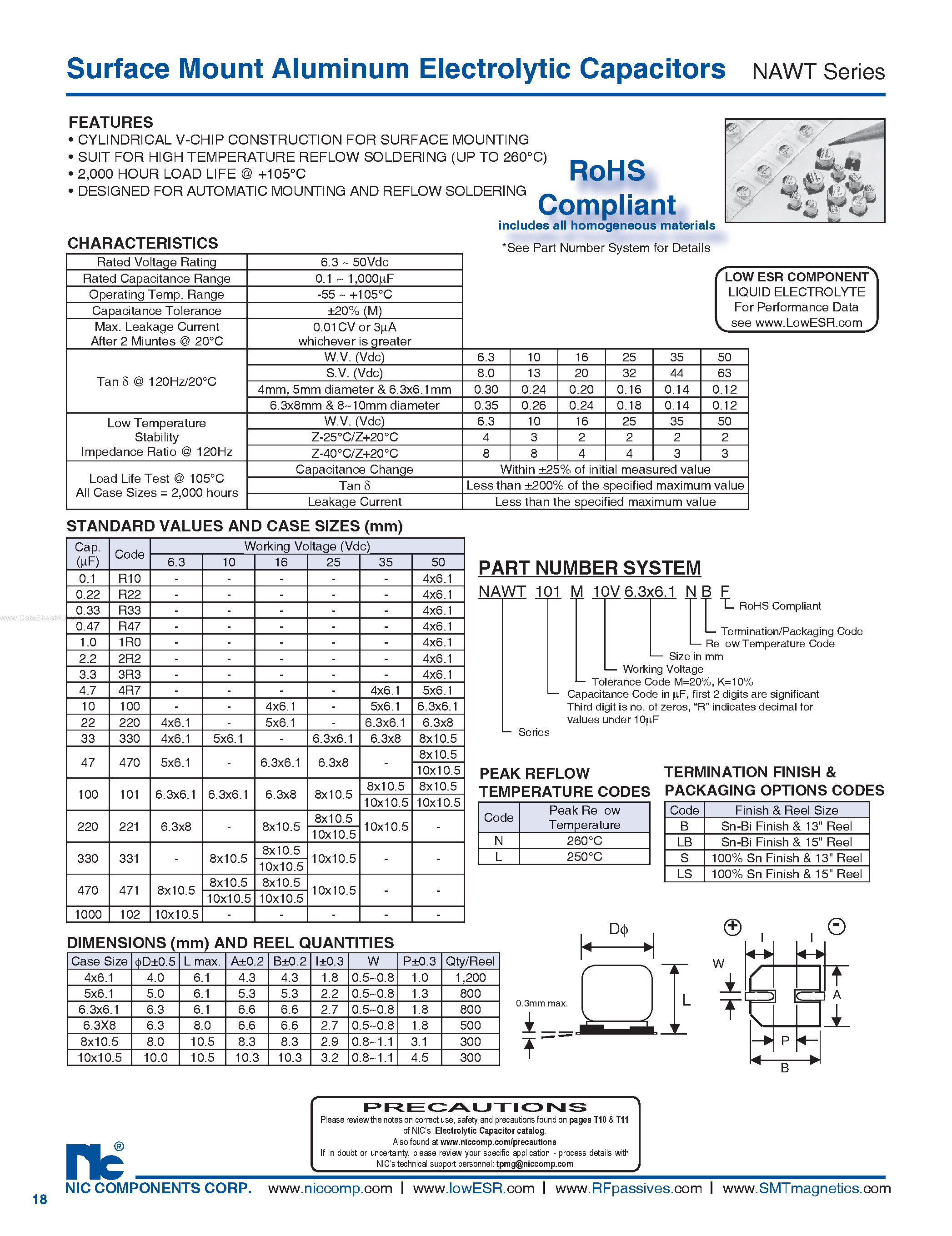 Datasheet NAWT - Surface Mount Aluminum Electrolytic Capacitors page 1