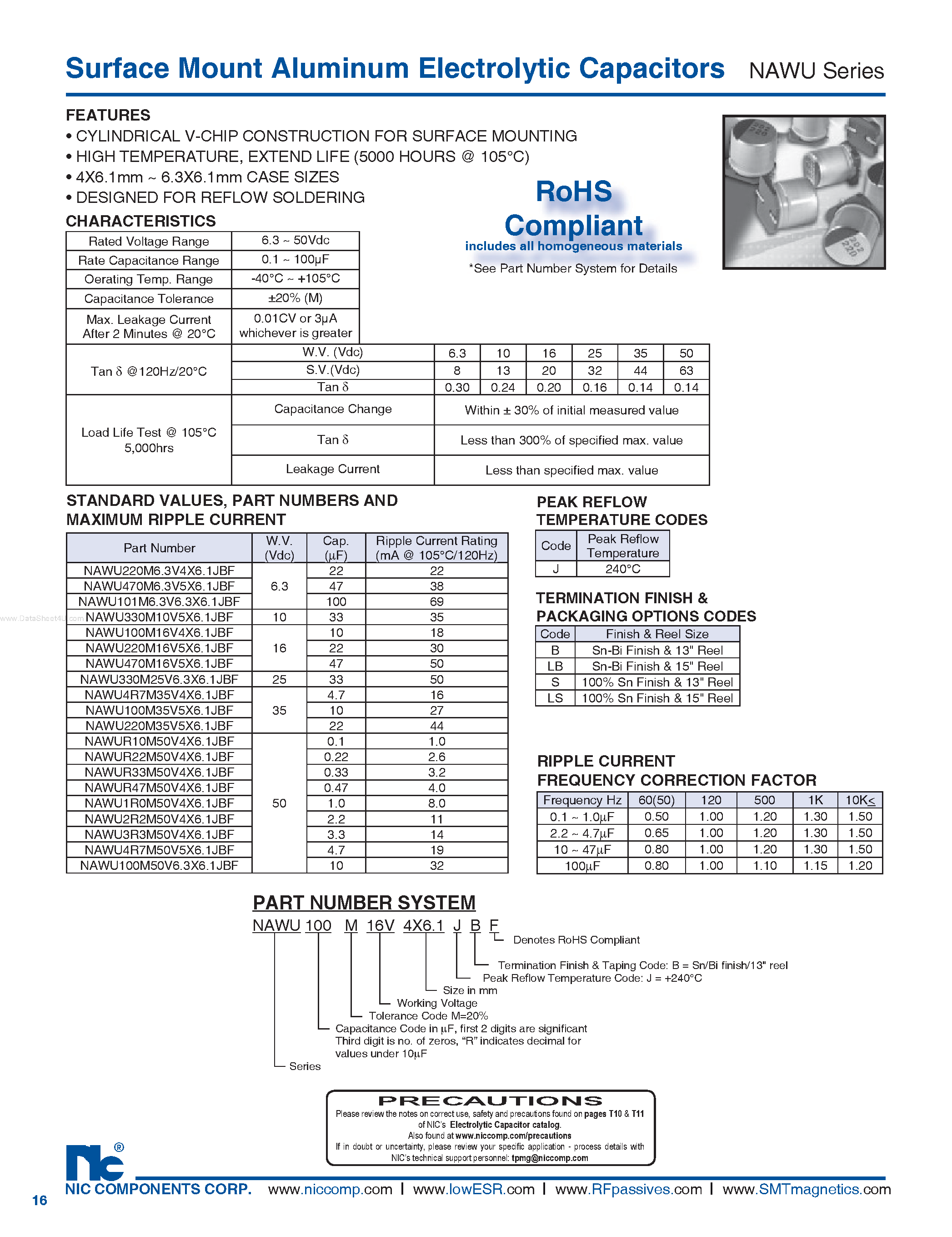 Datasheet NAWU - Surface Mount Aluminum Electrolytic Capacitors page 1