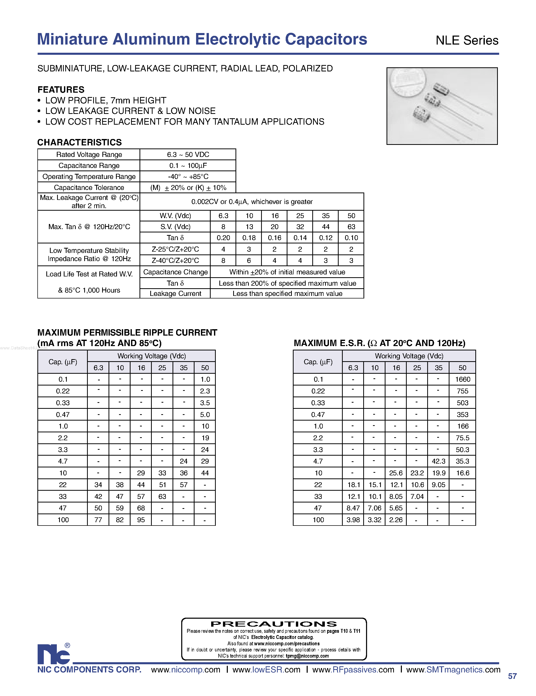 Datasheet NLE - Miniature Aluminum Electrolytic Capacitors page 1