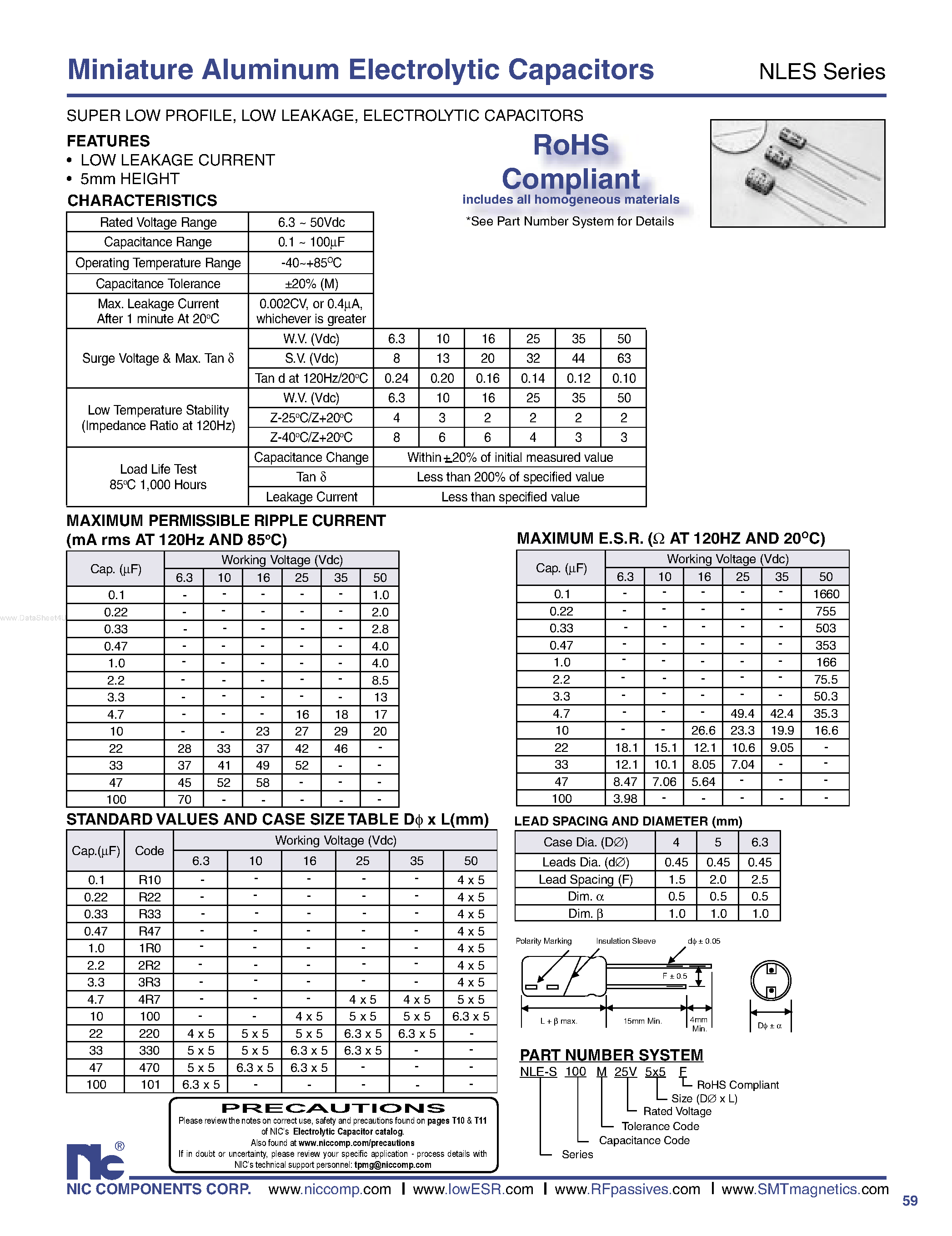 Datasheet NLES - Miniature Aluminum Electrolytic Capacitors page 1