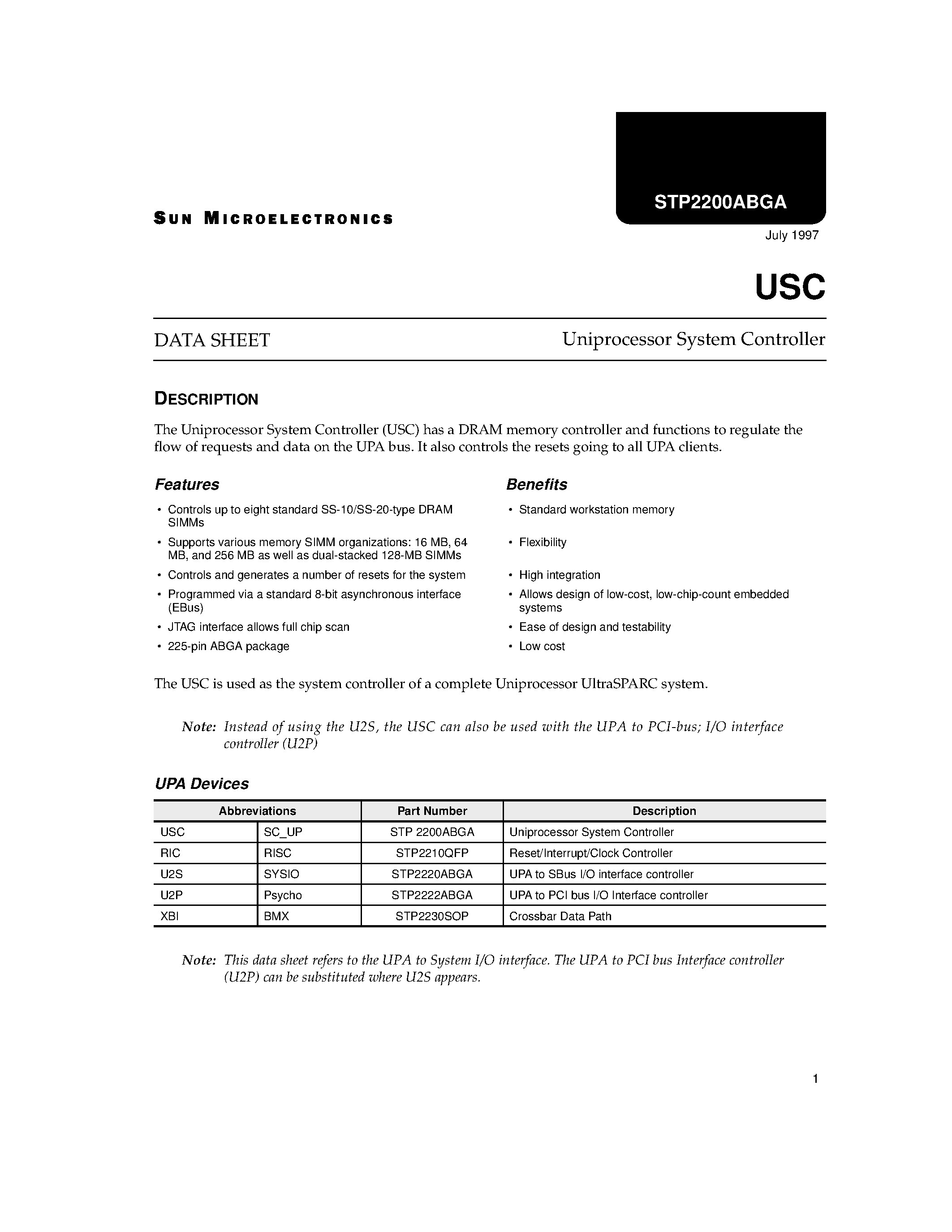 Datasheet STP2200ABGA - Uniprocessor System Controller page 1
