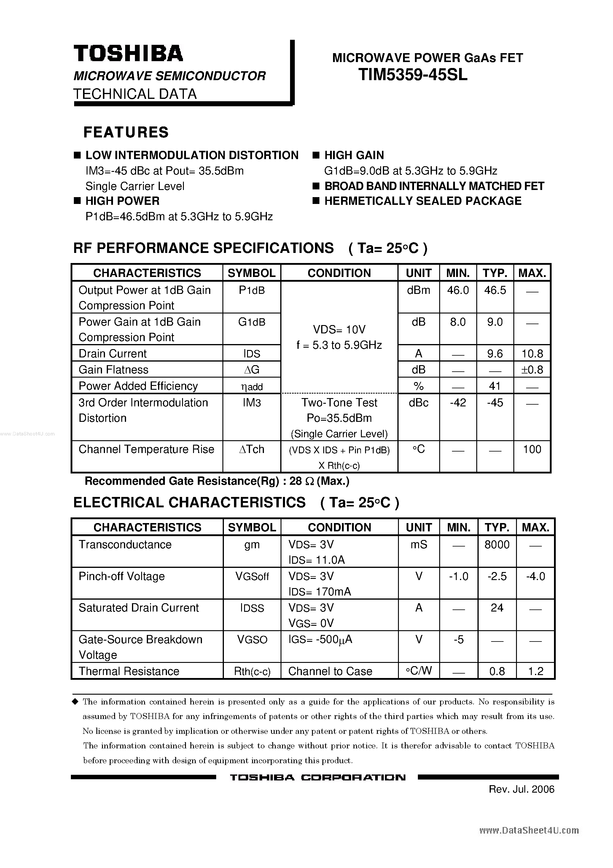 Даташит TIM5359-45SL - MICROWAVE SEMICONDUCTOR страница 1