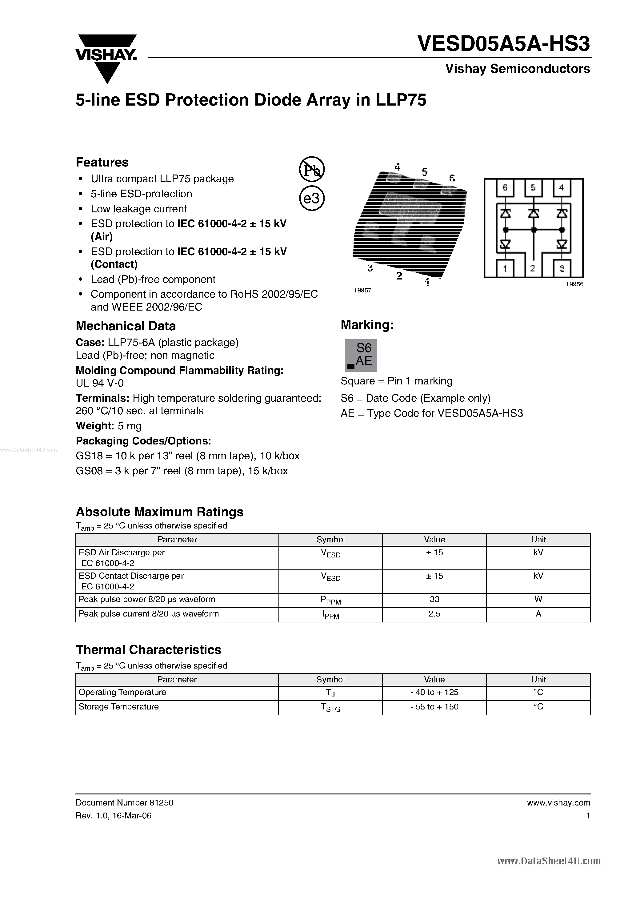 Datasheet VESD05A5A-HS3 - 5-line ESD Protection Diode Array page 1