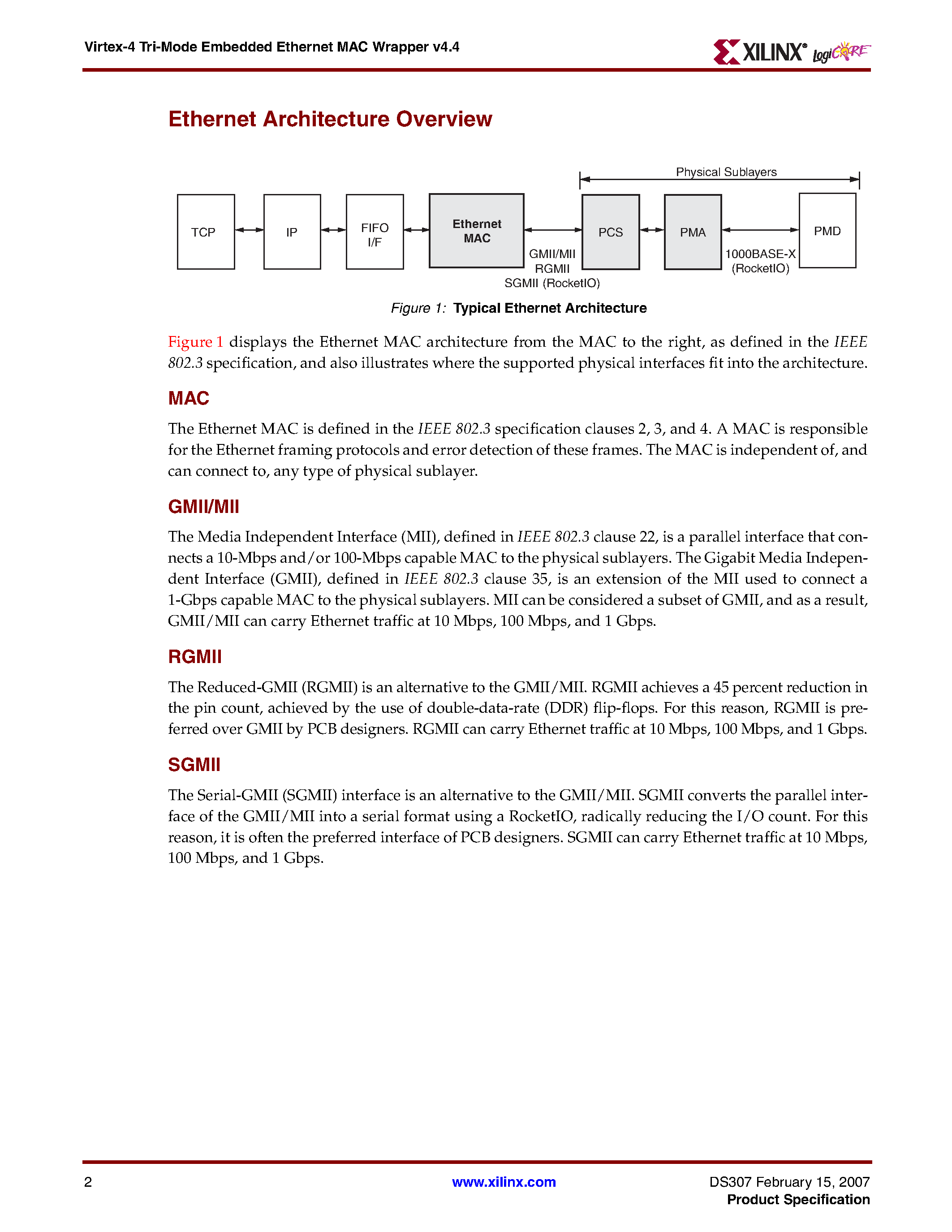 Даташит VIRTEX-4-Tri-Mode Embedded Ethernet MAC Wrapper v4.4 страница 2