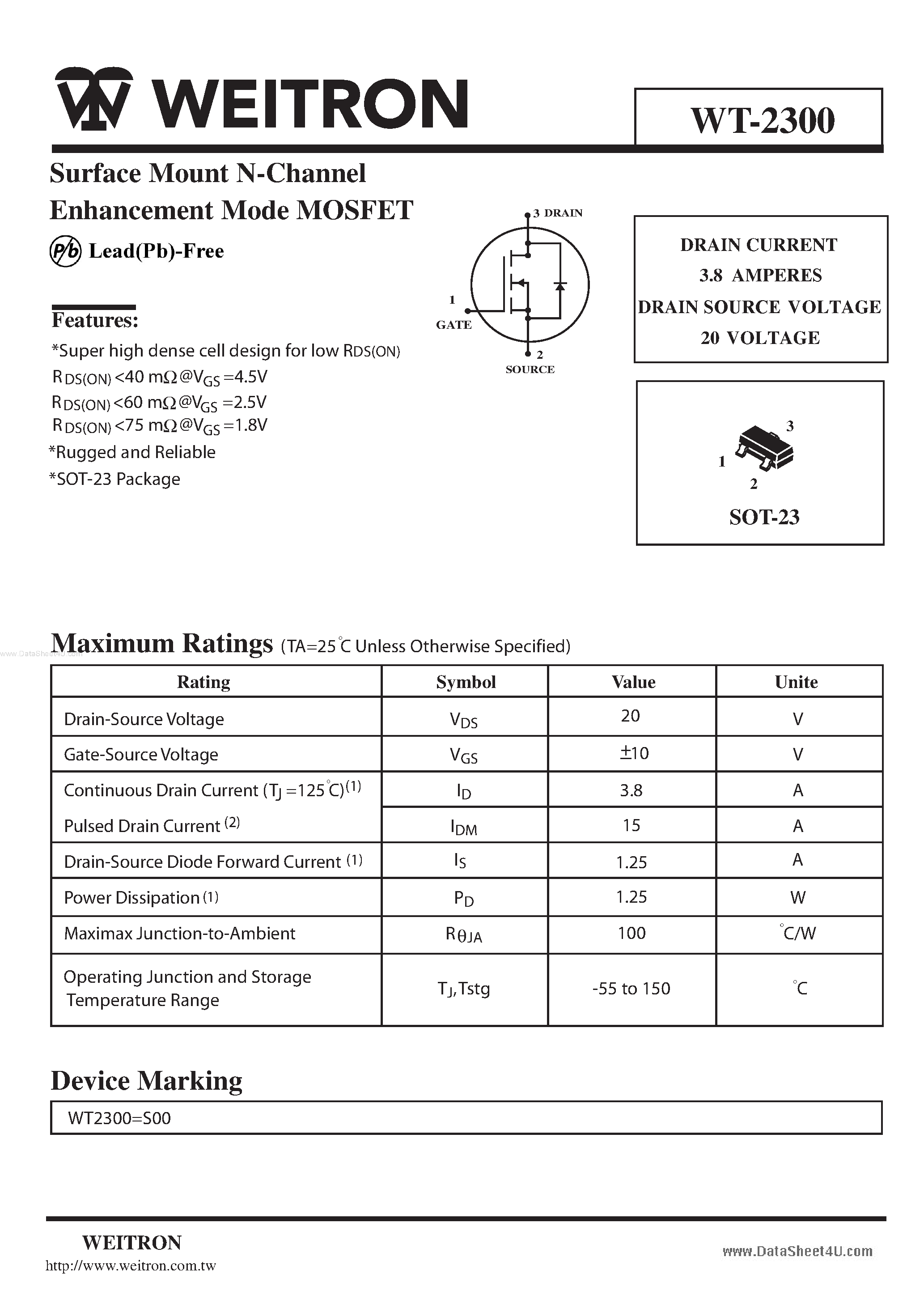 Datasheet WT-2300 page 1 Datasheet WT-2300 - Surface Mount N-Channel Enhancement Mode MOSFET page 1