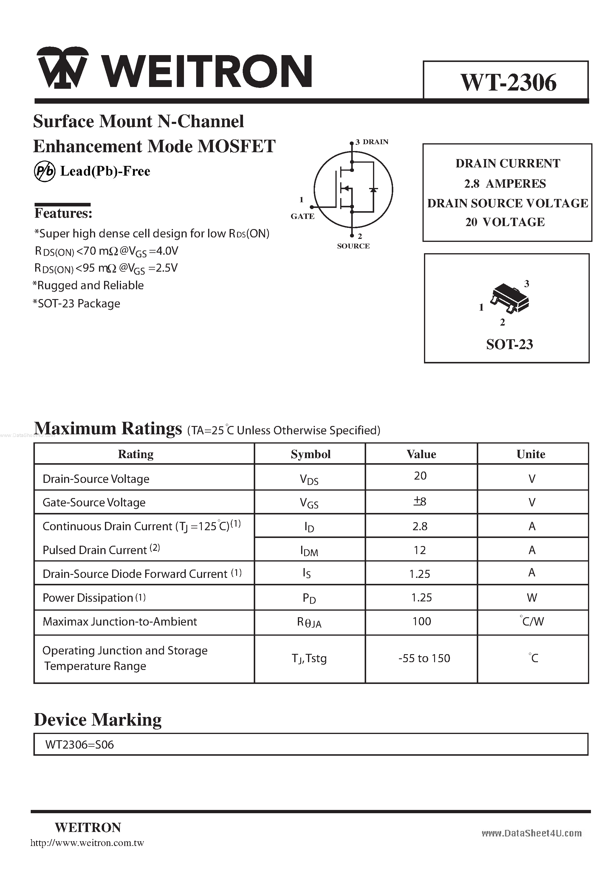 Datasheet WT-2306 page 1 Datasheet WT-2306 - Surface Mount N-Channel Enhancement Mode MOSFET page 1