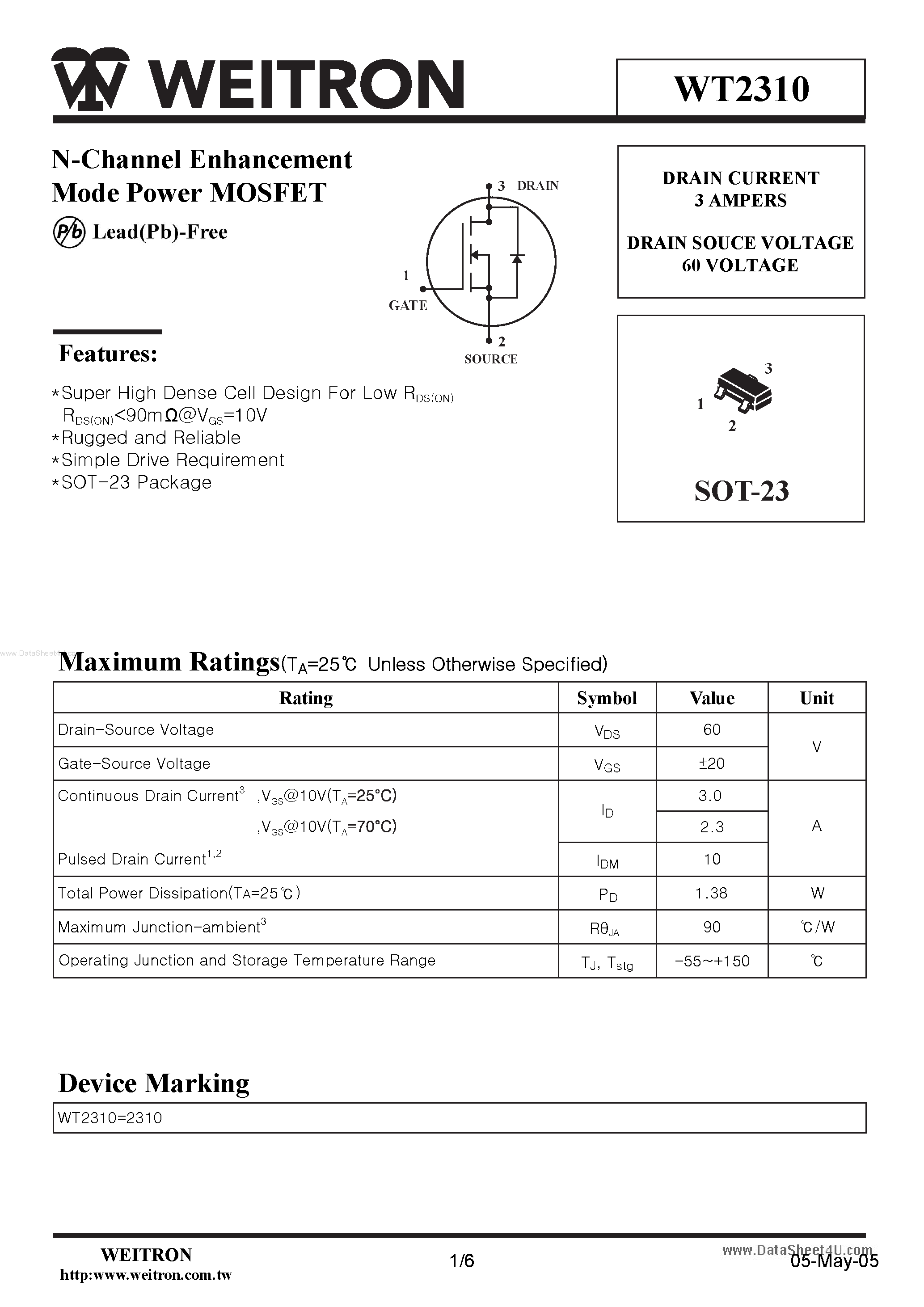 Datasheet WT2310 - N-Channel Enhancement Mode Power MOSFET page 1