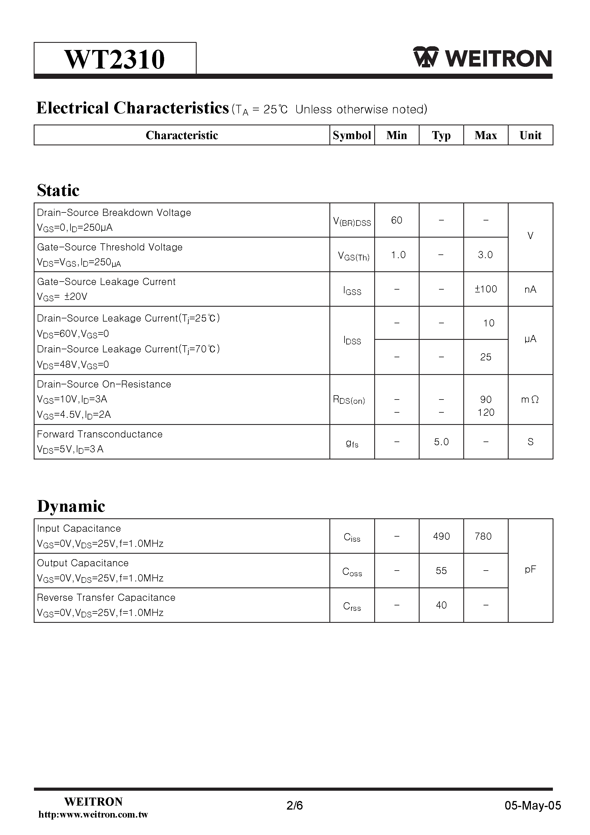 Datasheet WT2310 - N-Channel Enhancement Mode Power MOSFET page 2