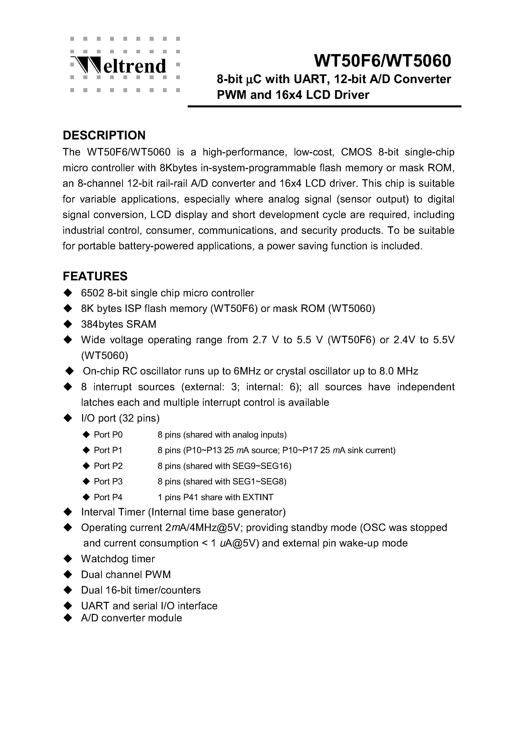 Datasheet WT5060 - (WT5060 / WT50F6) 8-bit uC page 2