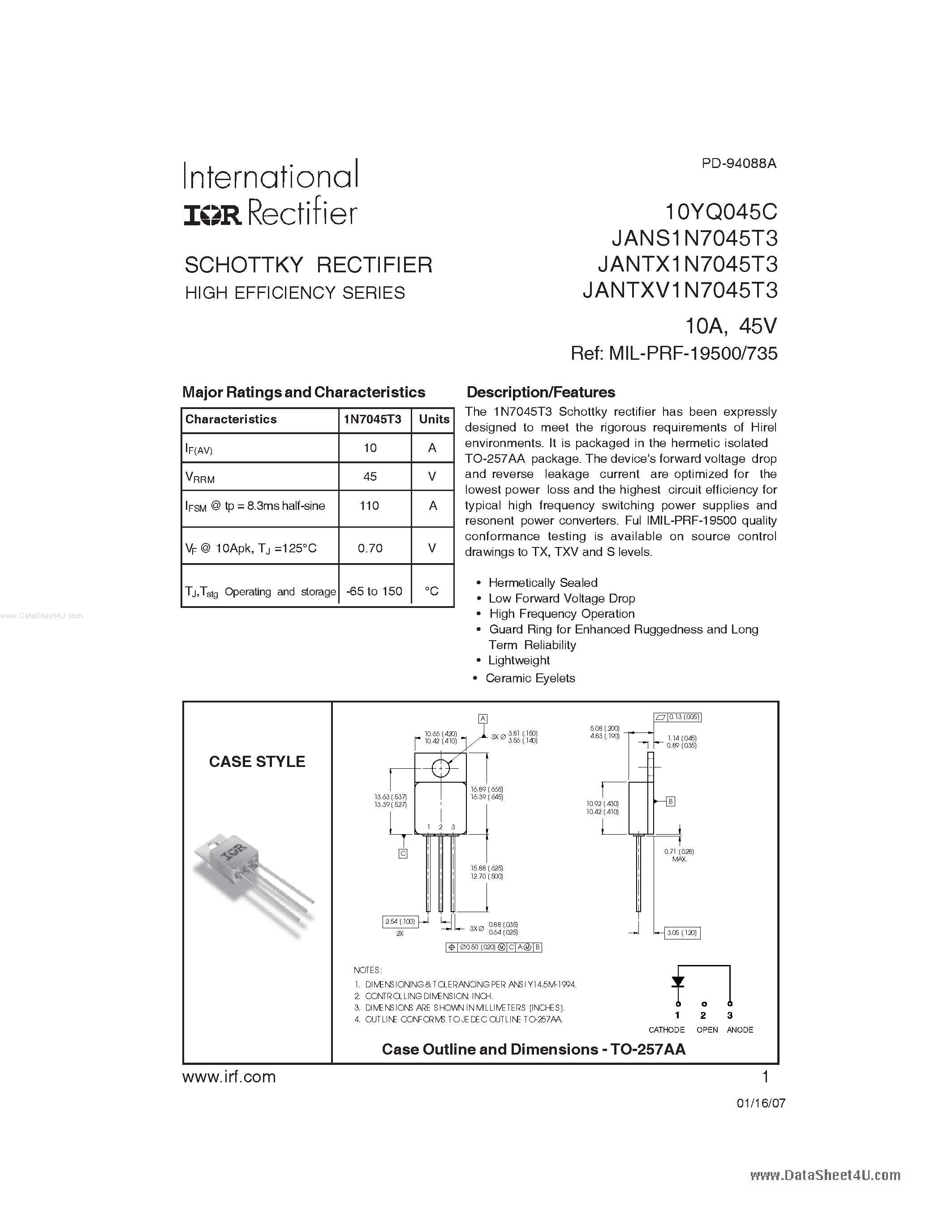 Datasheet 10YQ045C page 1 Datasheet 10YQ045C - SCHOTTKY RECTIFIER HIGH EFFICIENCY SERIES page 1