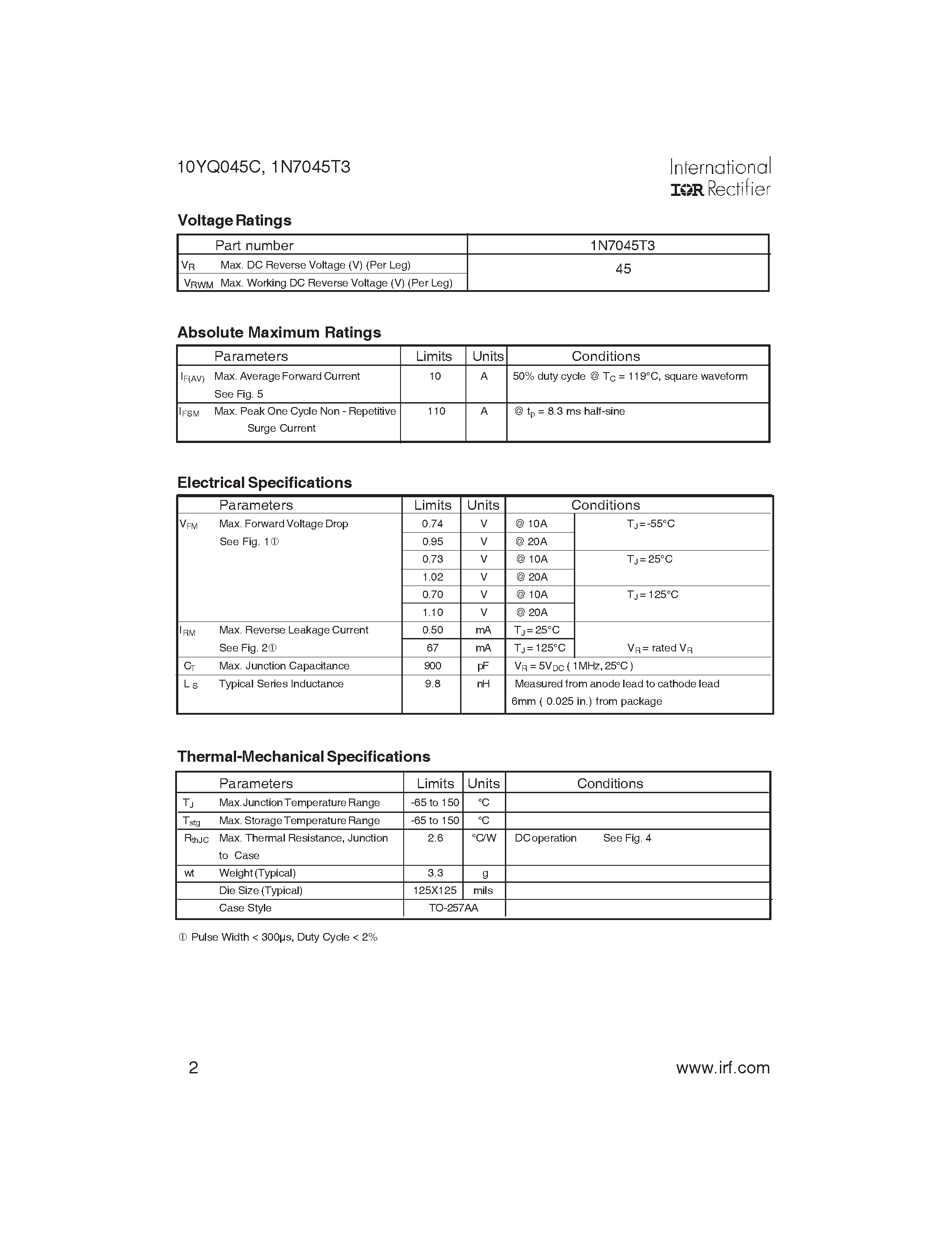 Datasheet 10YQ045C - SCHOTTKY RECTIFIER HIGH EFFICIENCY SERIES page 2