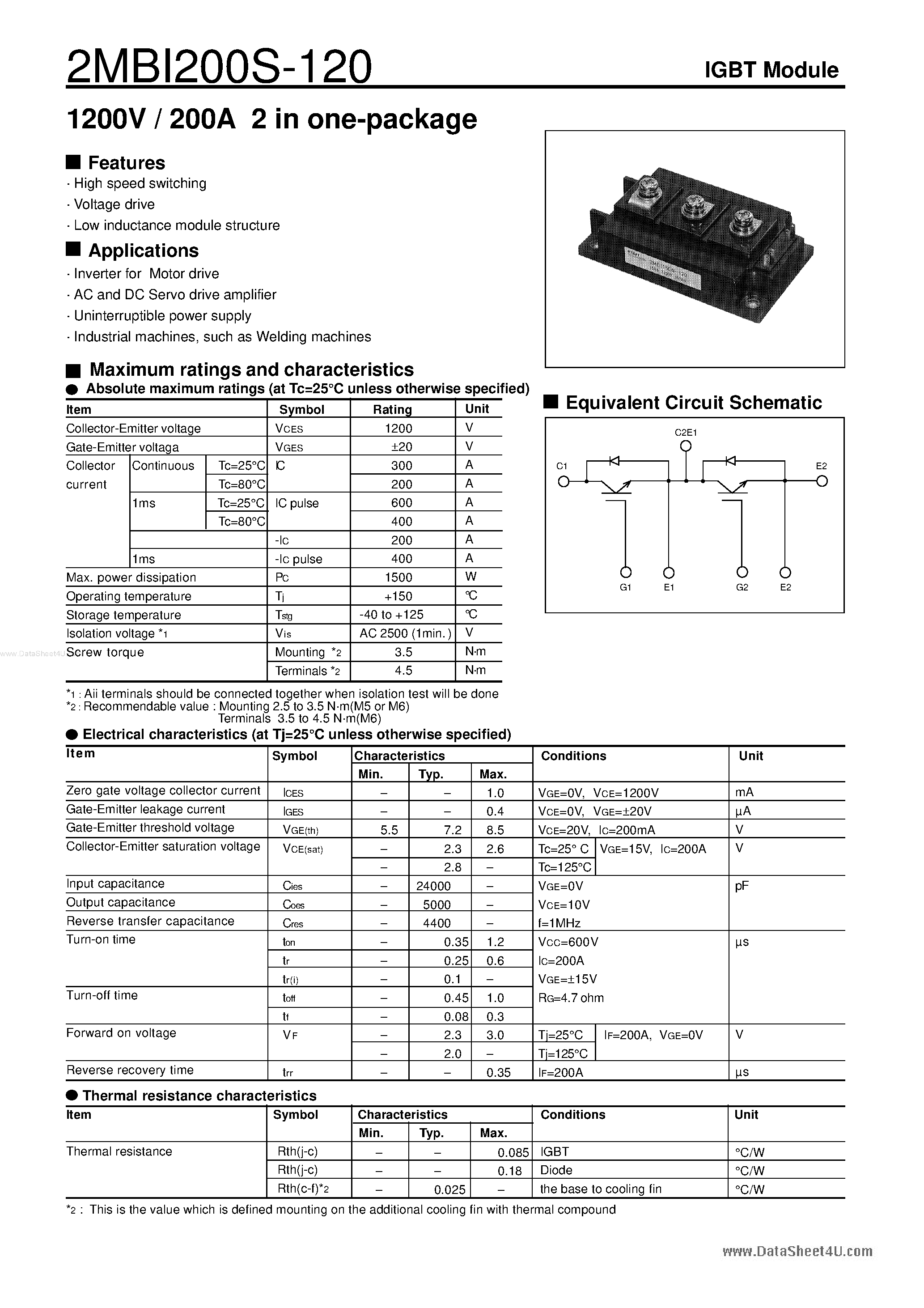 Datasheet 2MBI200S-120 - 1200V / 200A 2 in one-package page 1