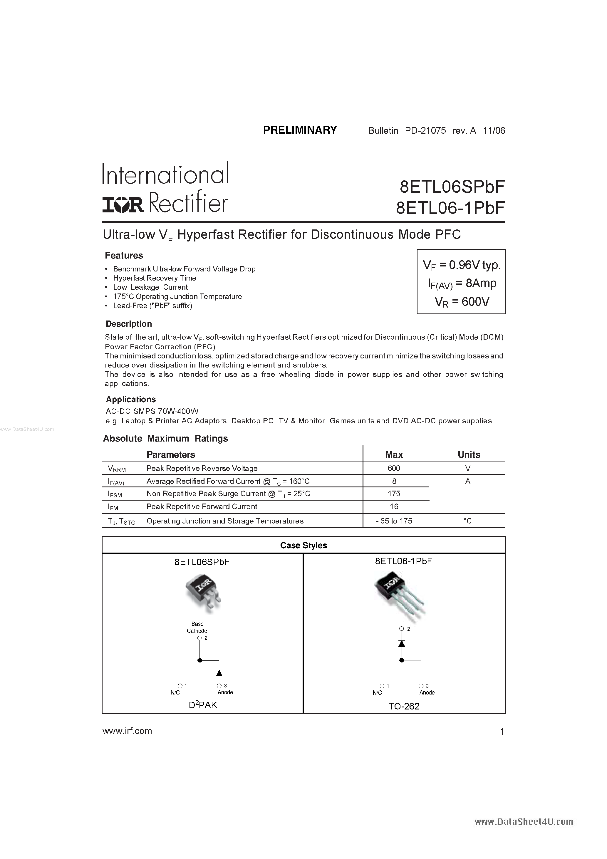 Datasheet 8ETL06-1PBF - Ultra-low VF Hyperfast Rectifier page 1