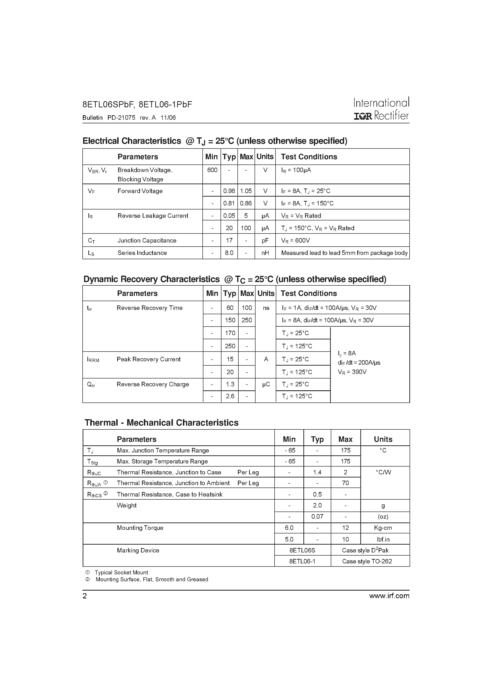 Datasheet 8ETL06-1PBF - Ultra-low VF Hyperfast Rectifier page 2