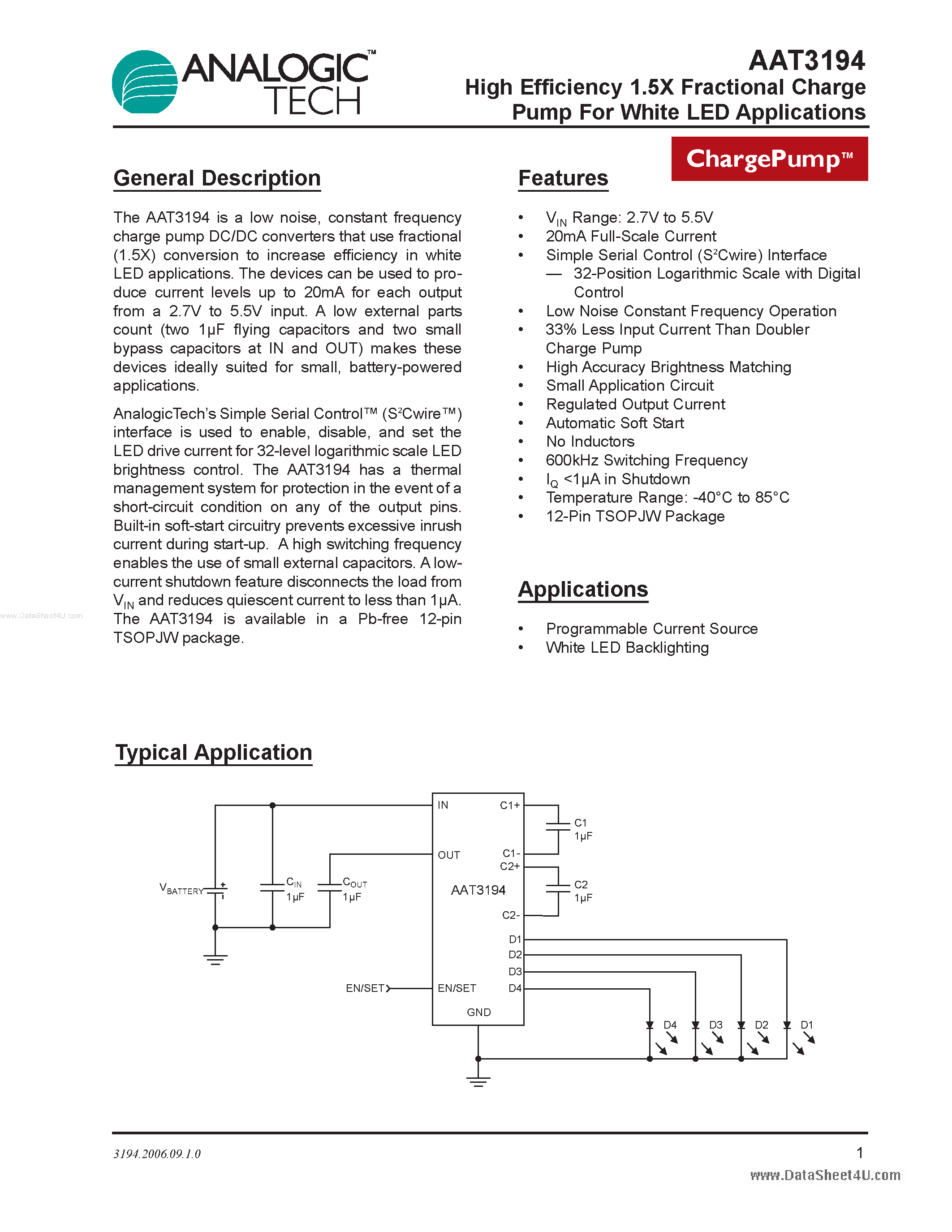 Datasheet AAT3194 - High Efficiency 1.5X Fractional Charge Pump page 1