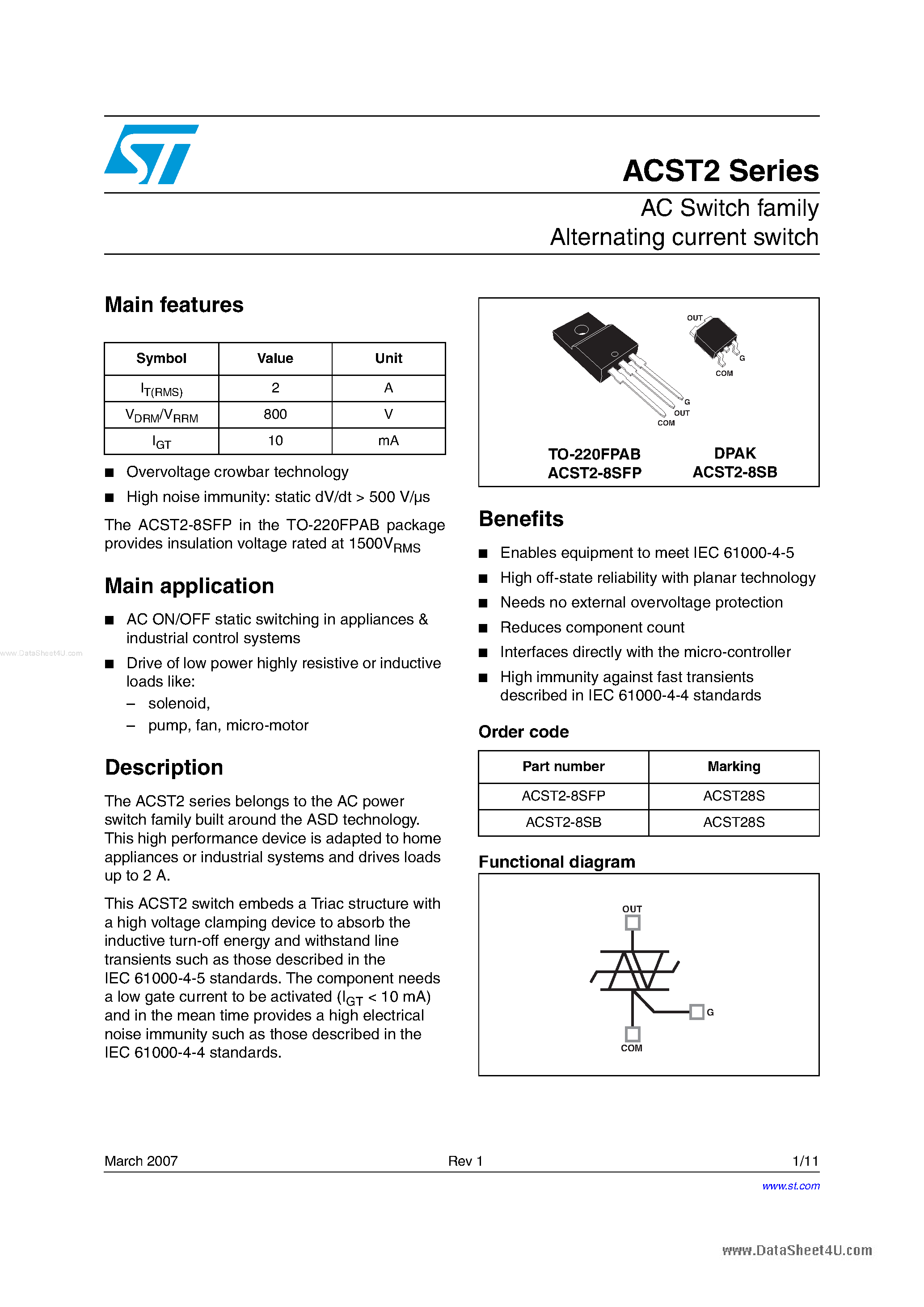 Даташит на микросхему ACST2 страница 1 Даташит ACST2 - AC Switch family Alternating current switch страница 1