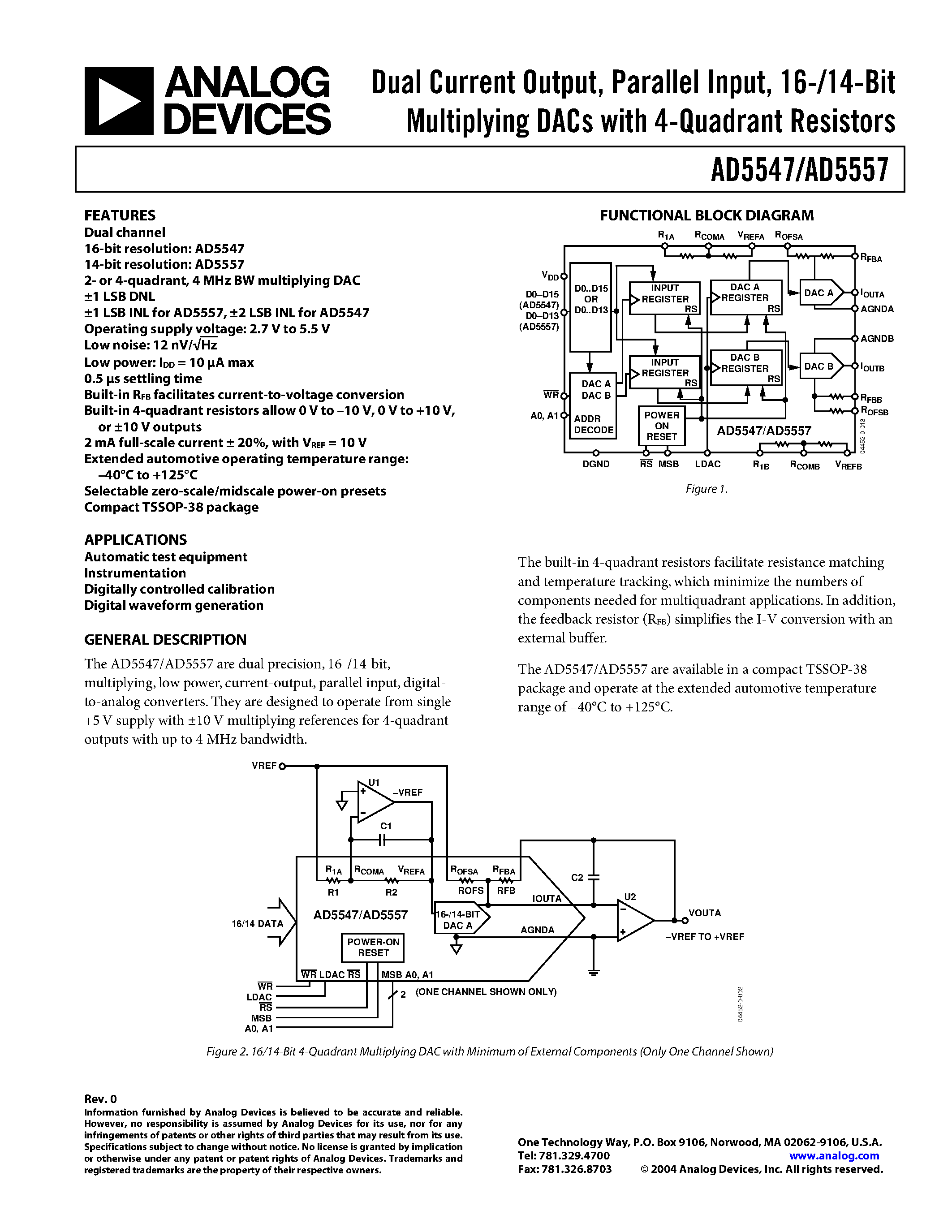 Datasheet AD5415 page 1 Datasheet AD5415 - (AD5424 - AD5547) High Bandwidth Multiplying DACs page 1