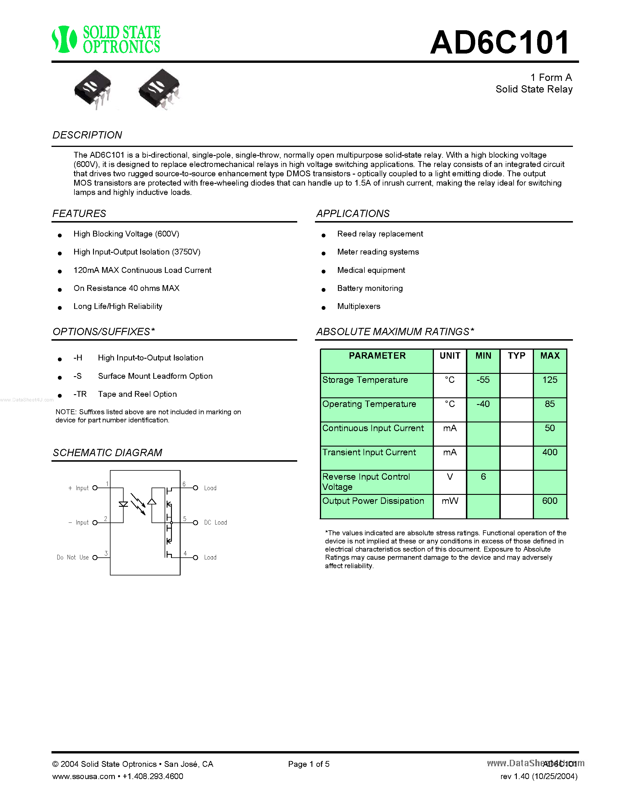 Datasheet AD6C101 page 1 Datasheet AD6C101 - 1 Form A Solid State Relay page 1